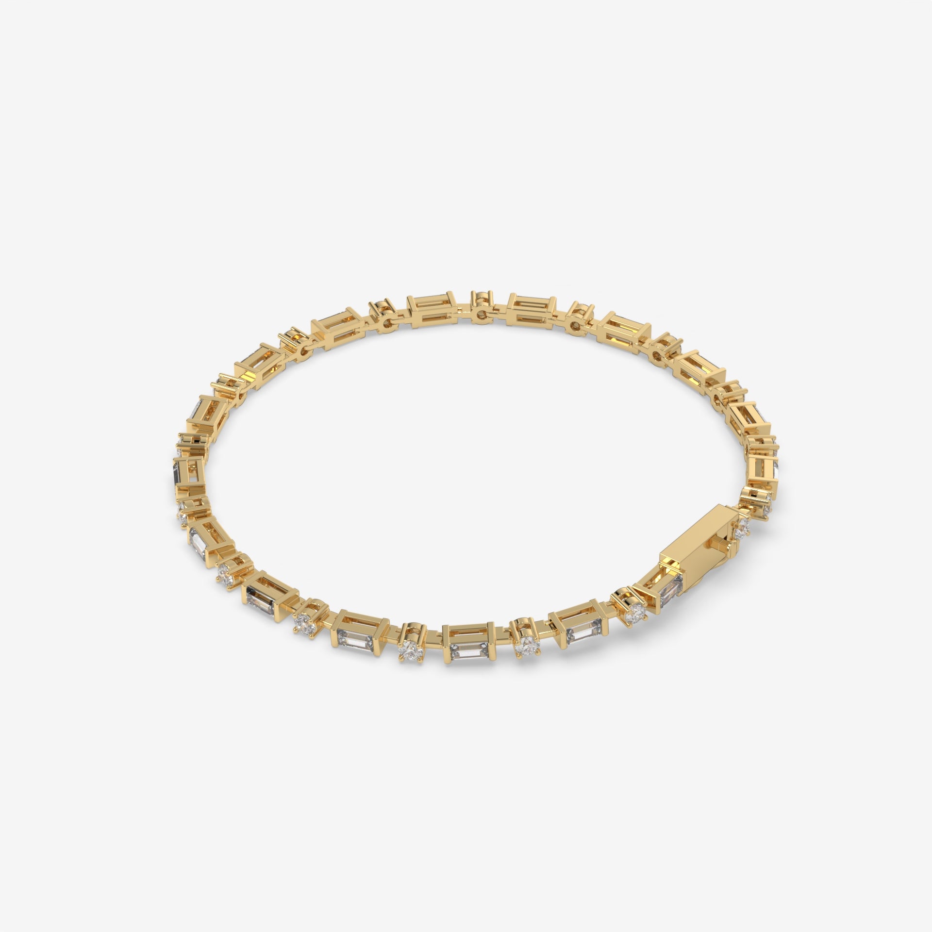 Baguette Diamond Yellow Gold Tennis Bracelet with Round Diamonds
