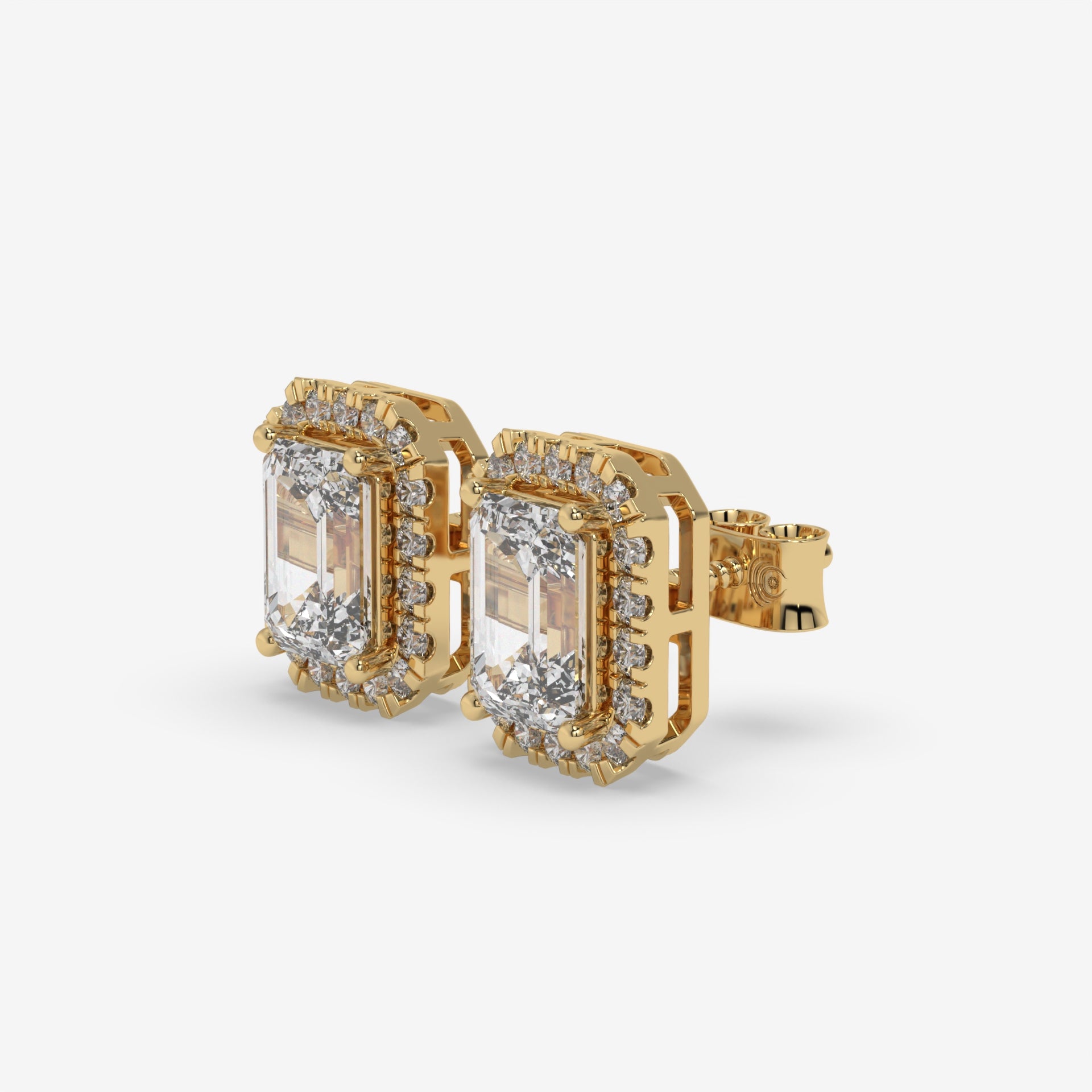 Yellow Gold Emerald-Cut Diamond Halo Earrings