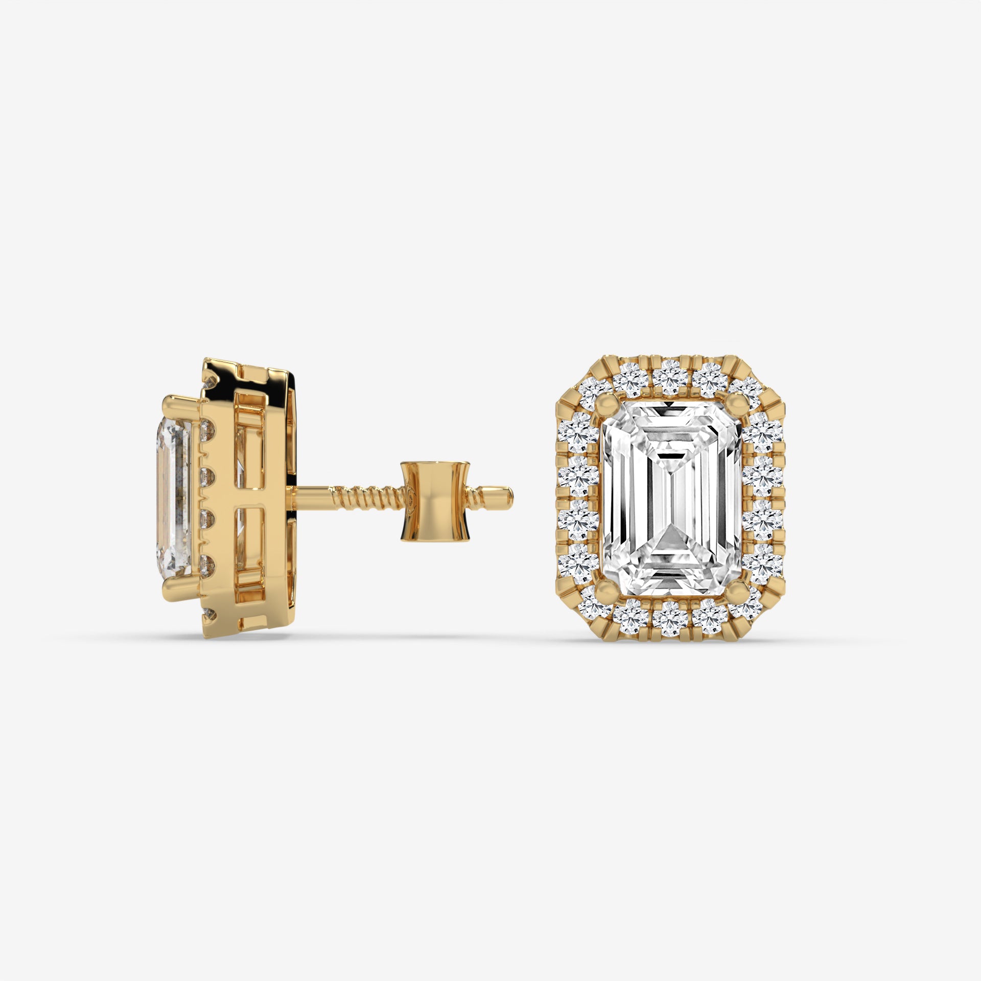 Yellow Gold Emerald-Cut Diamond Halo Earrings