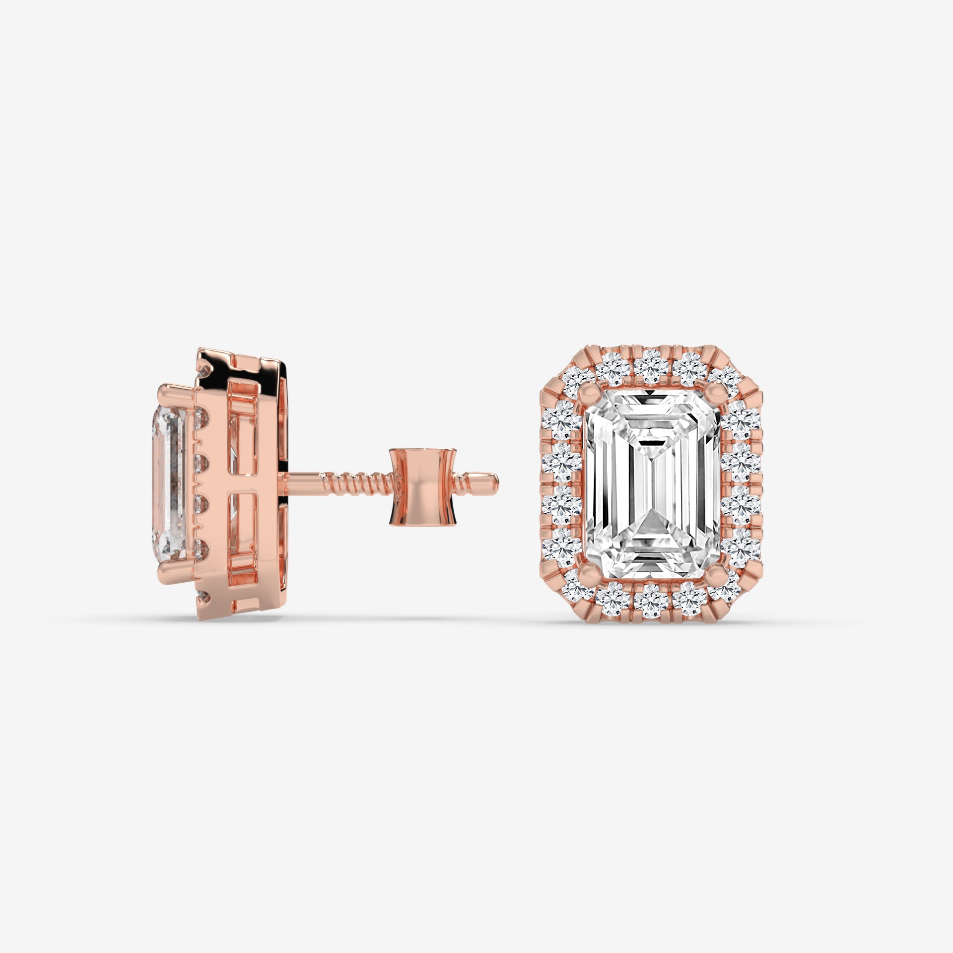 Rose Gold Emerald-Cut Diamond Halo Earrings
