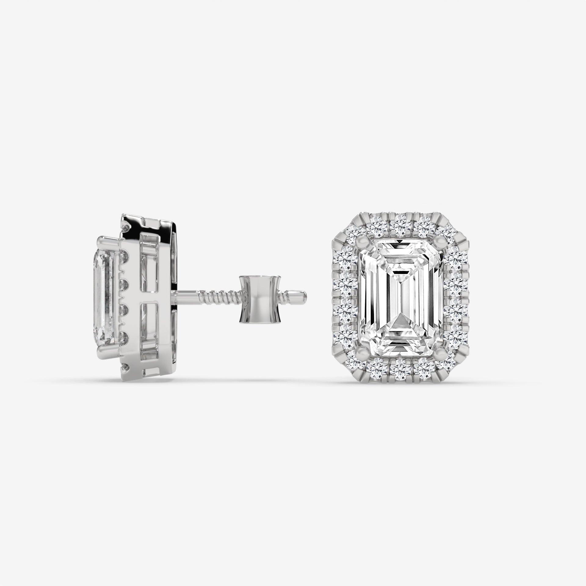 White Gold Emerald-Cut Diamond Halo Earrings