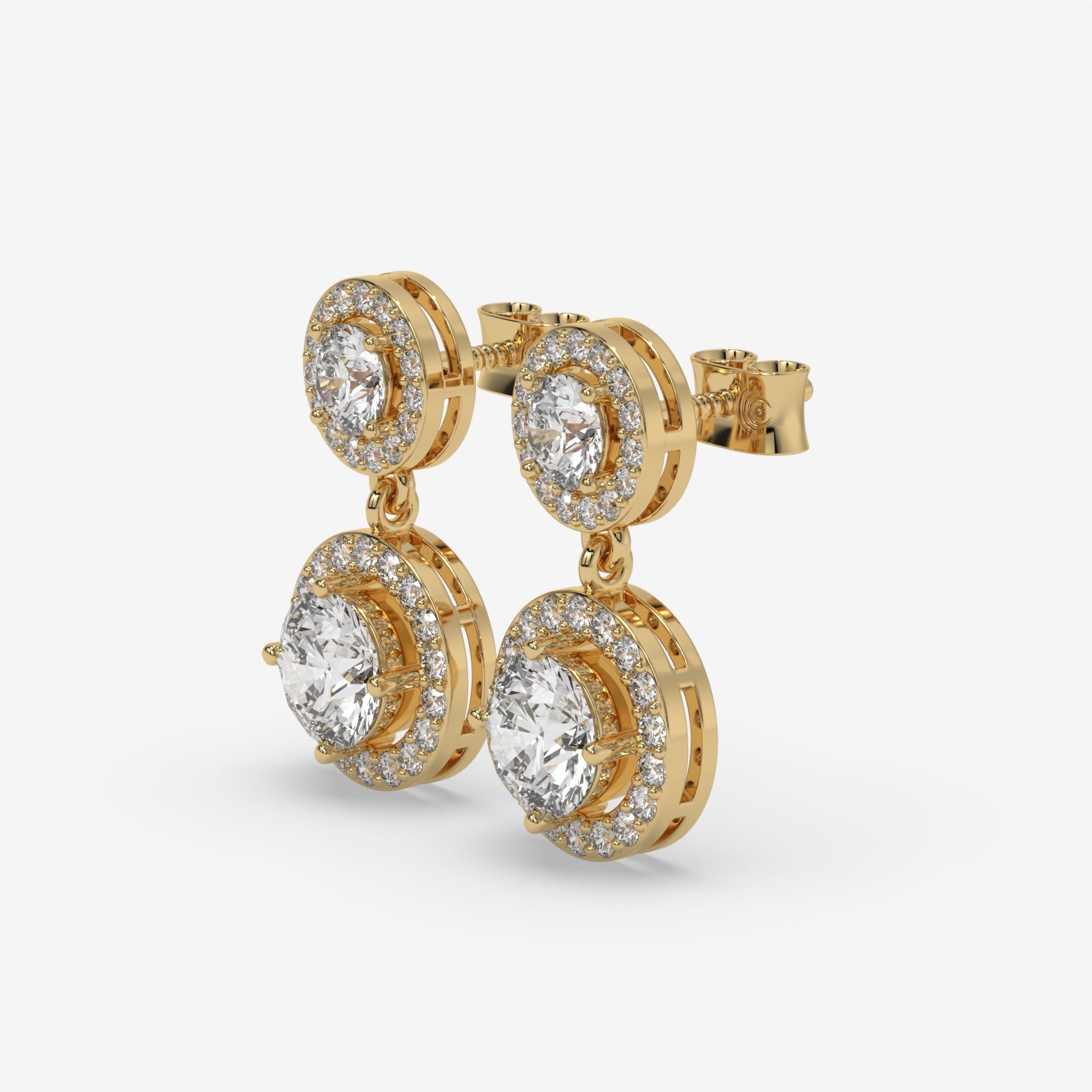 Double-Drop Diamond Halo Earrings in Yellow Gold
