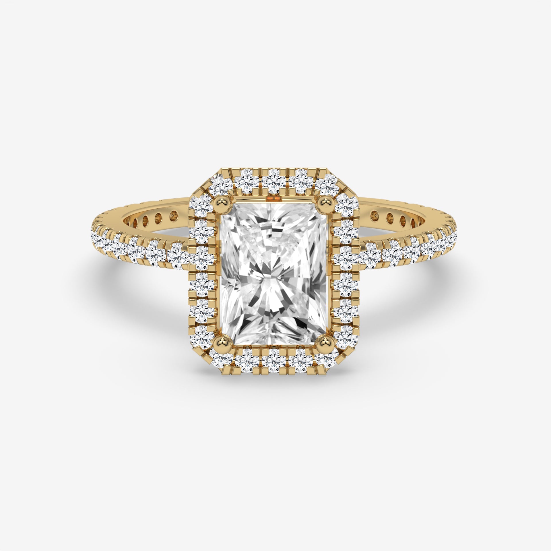 Radiant Diamond Yellow Gold Halo Ring with Round Side Diamonds