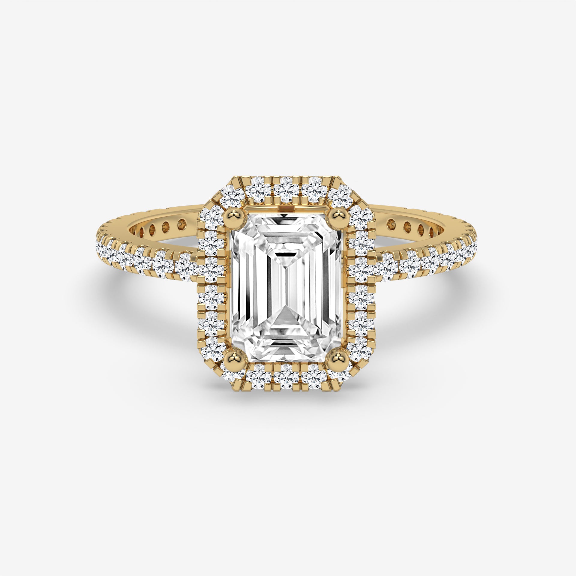 Yellow Gold Emerald-Cut Halo Ring with Round Accent Diamonds