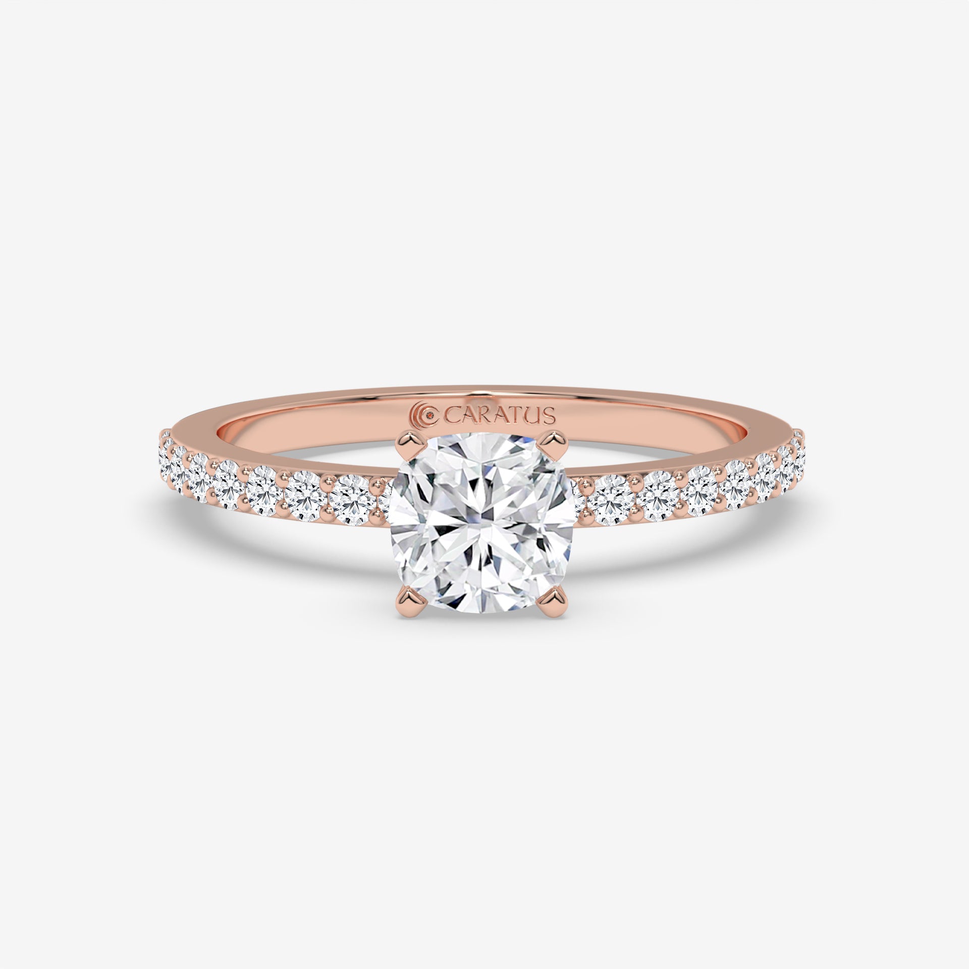 Cushion Diamond Ring with Side Stones in Rose Gold
