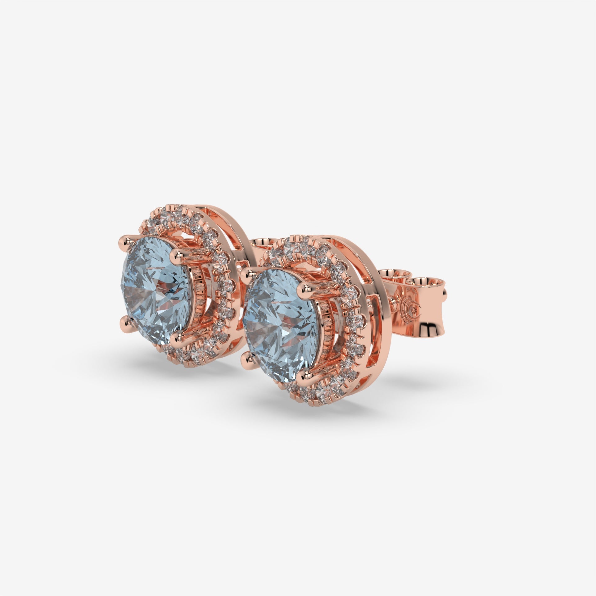 Light Blue Aquamarine & Diamond Halo Rose Gold Earrings