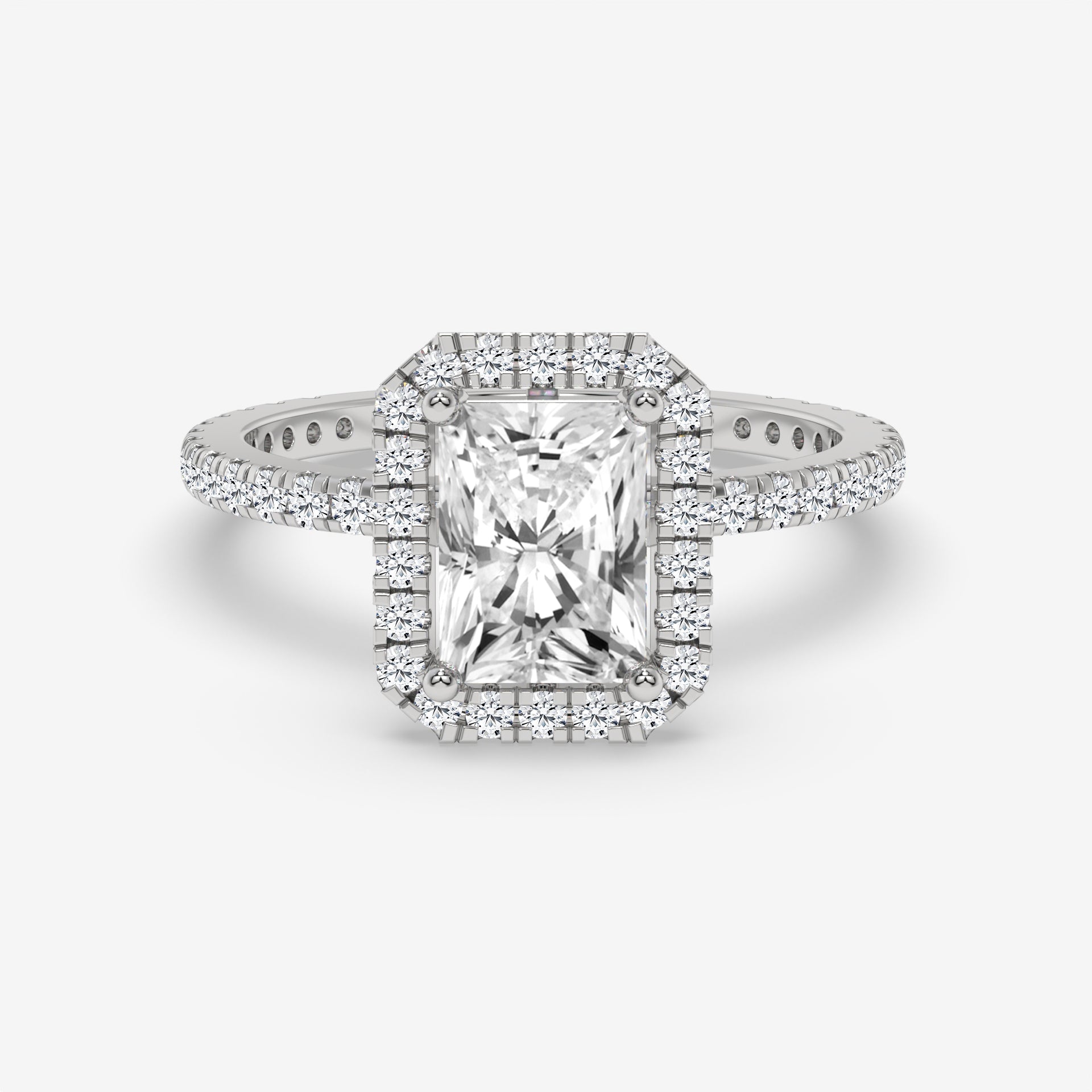 Radiant Diamond Yellow Gold Halo Ring with Round Side Diamonds