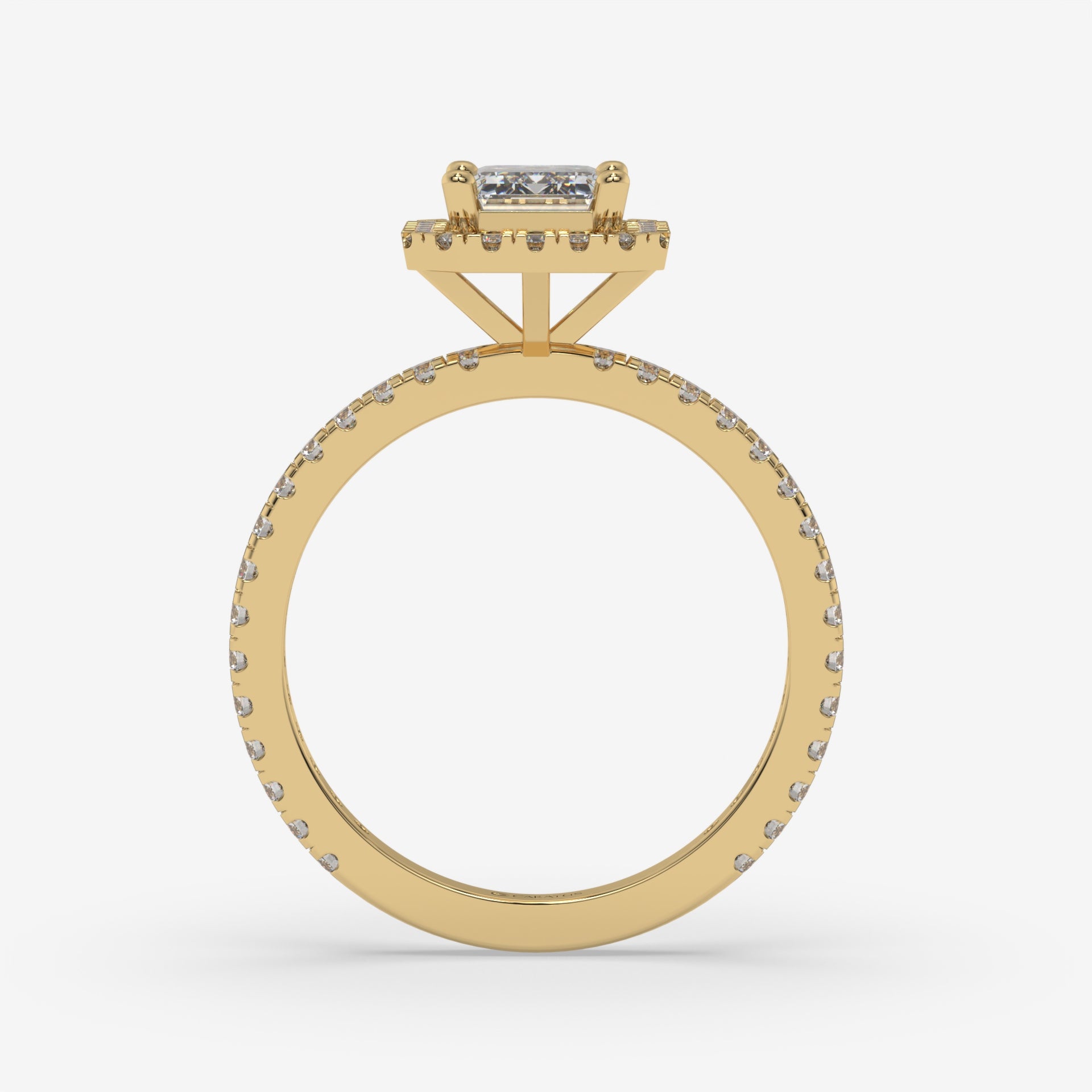 Yellow Gold Emerald-Cut Halo Ring with Round Accent Diamonds