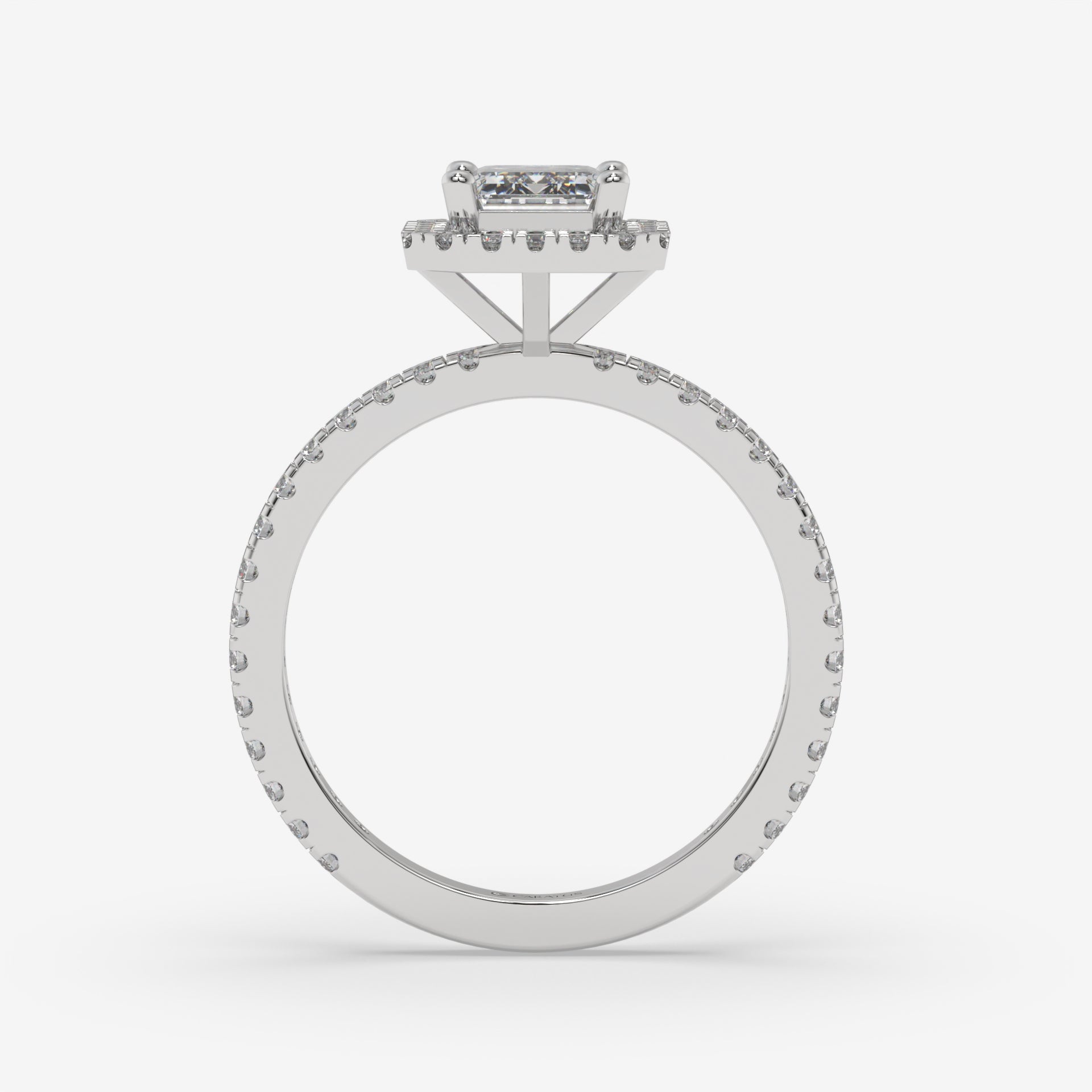 White Gold Emerald-Cut Halo Ring with Round Accent Diamonds
