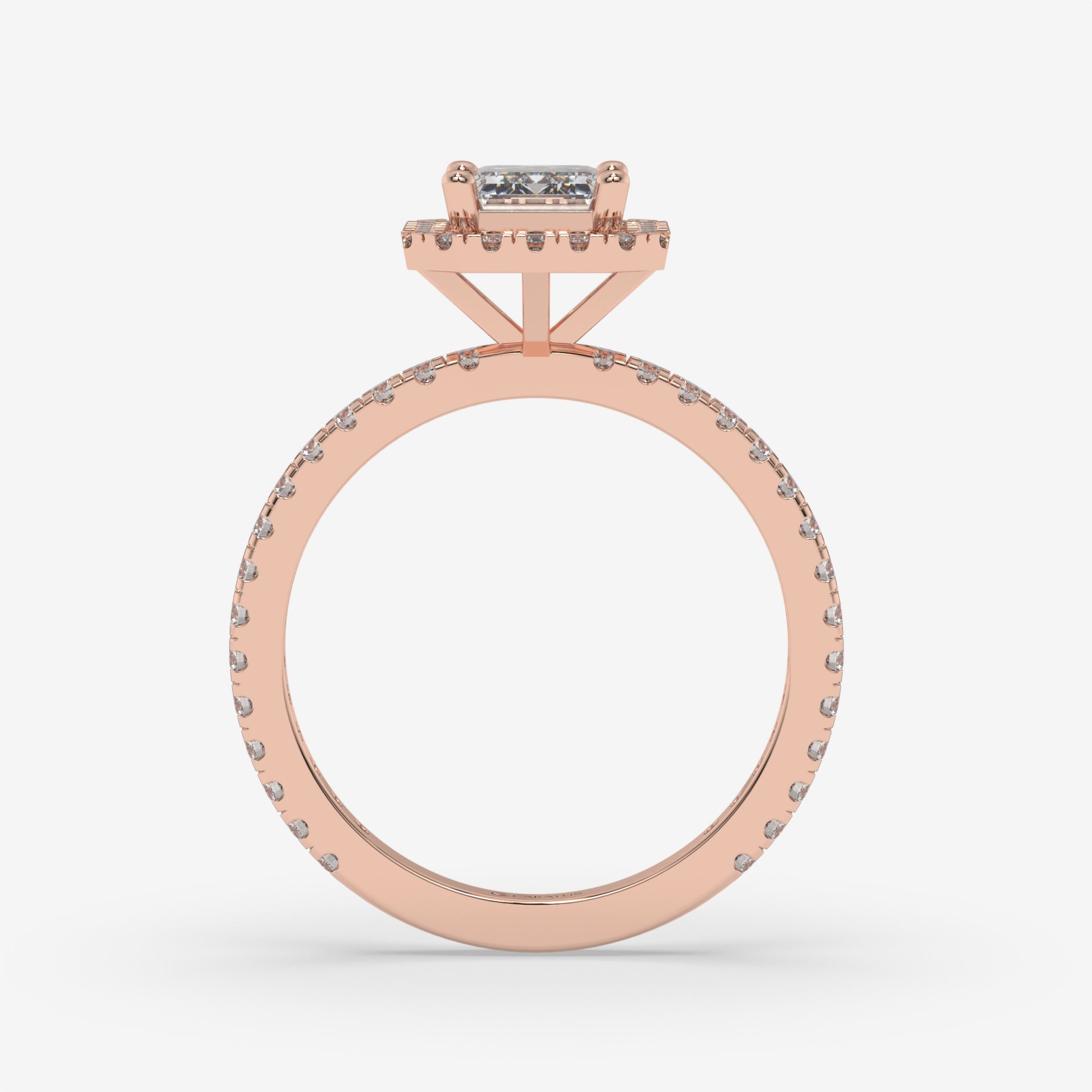 Rose Gold Emerald-Cut Halo Ring with Round Accent Diamonds