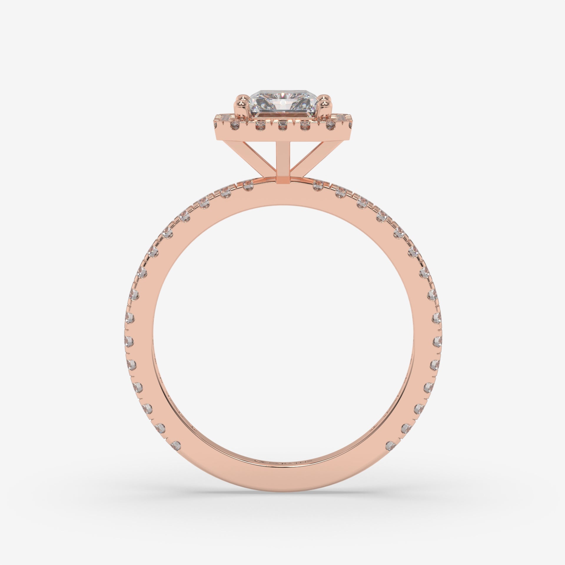 Radiant Diamond Rose Gold Halo Ring with Round Side Diamonds