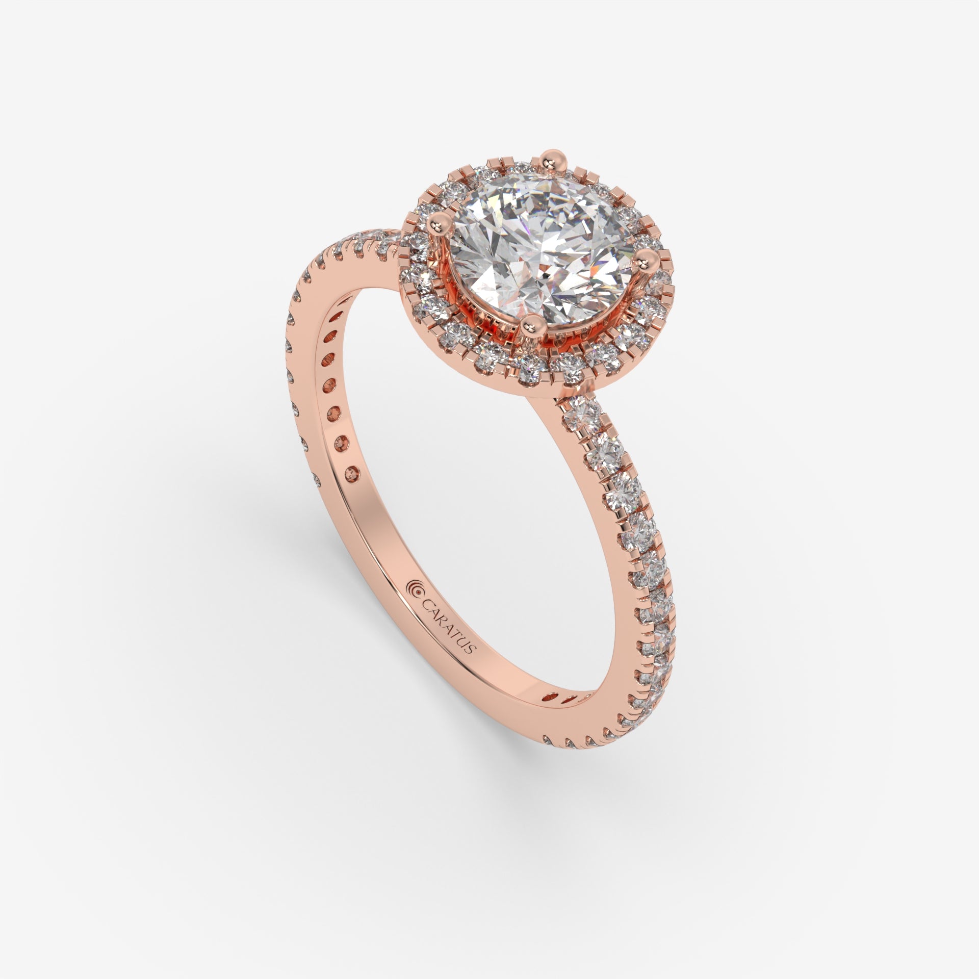 Round Diamond Halo Rose Gold Ring with Side Diamonds