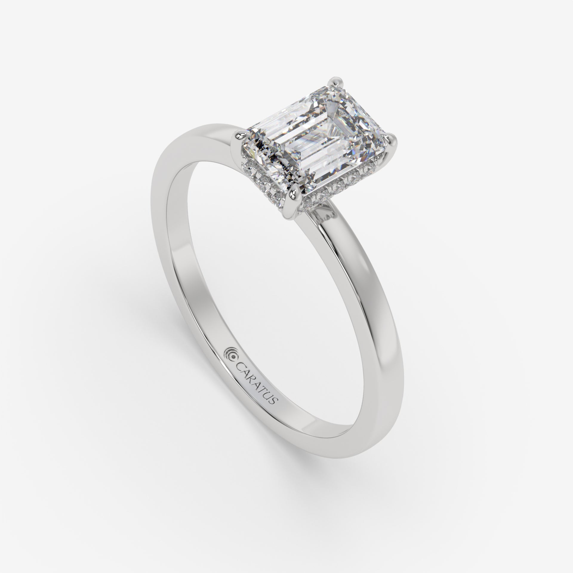 Emerald-Cut Diamond Hidden Halo White Gold Ring with Round Diamonds