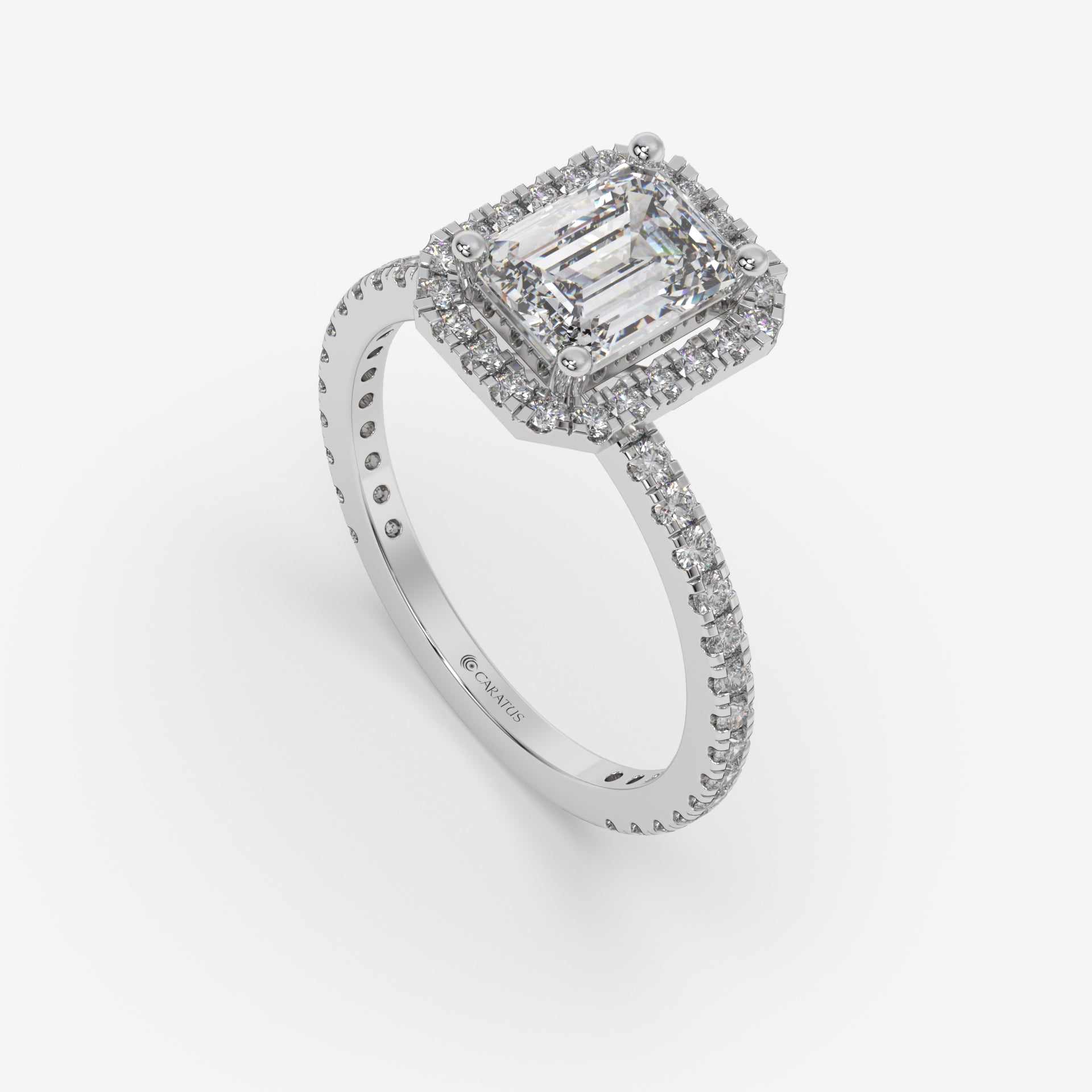 White Gold Emerald-Cut Halo Ring with Round Accent Diamonds