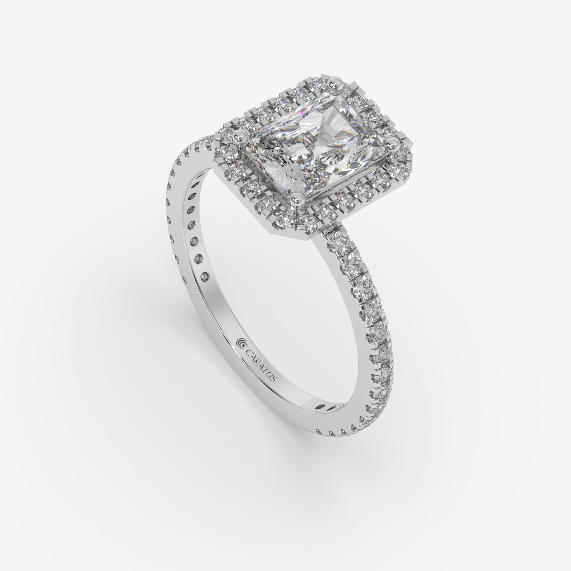 Radiant Diamond White Gold Halo Ring with Round Side Diamonds
