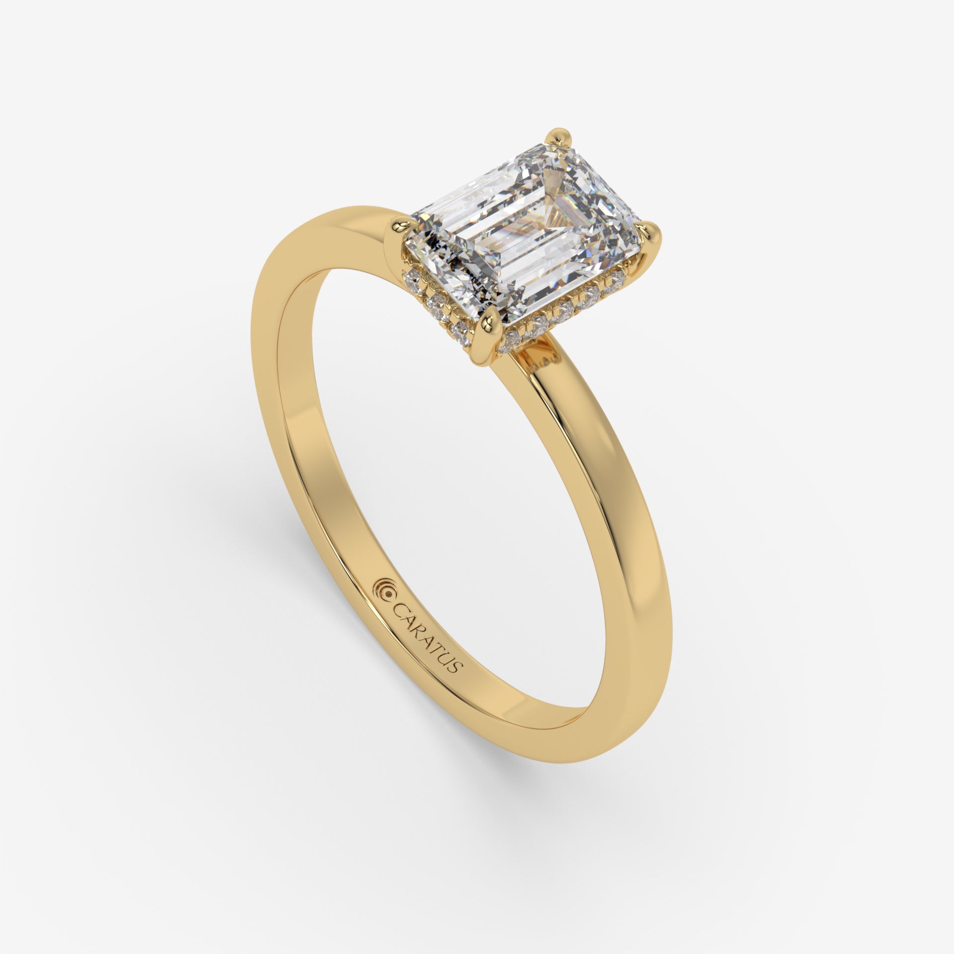 Emerald-Cut Diamond Hidden Halo Yellow Gold Ring with Round Diamonds