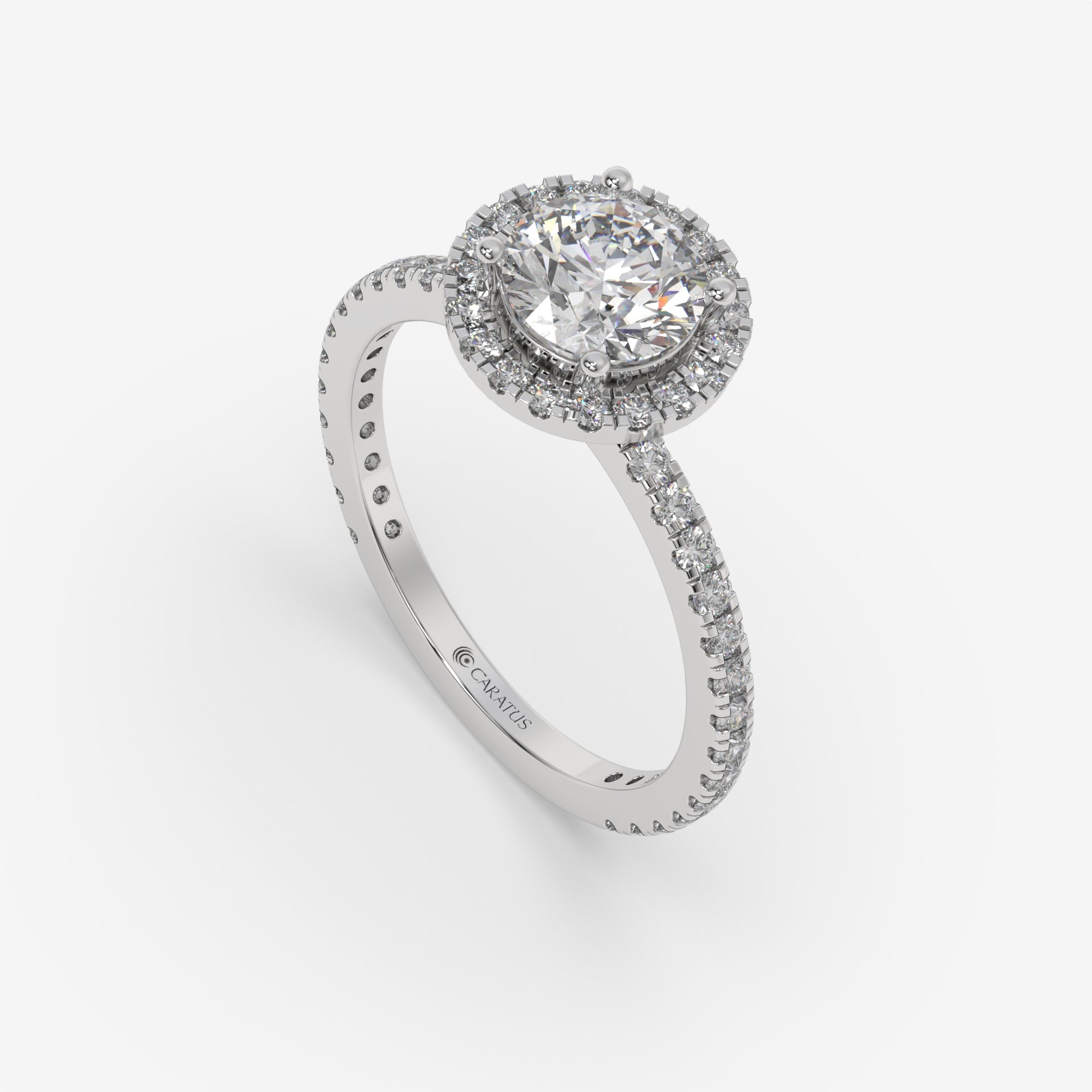 Round Diamond Halo White Gold Ring with Side Diamonds