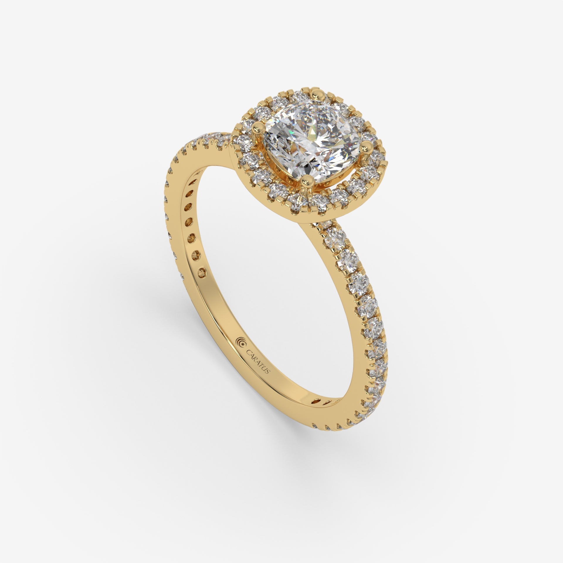 Cushion-Cut Diamond Halo Ring with Round Accent Diamonds in Yellow Gold