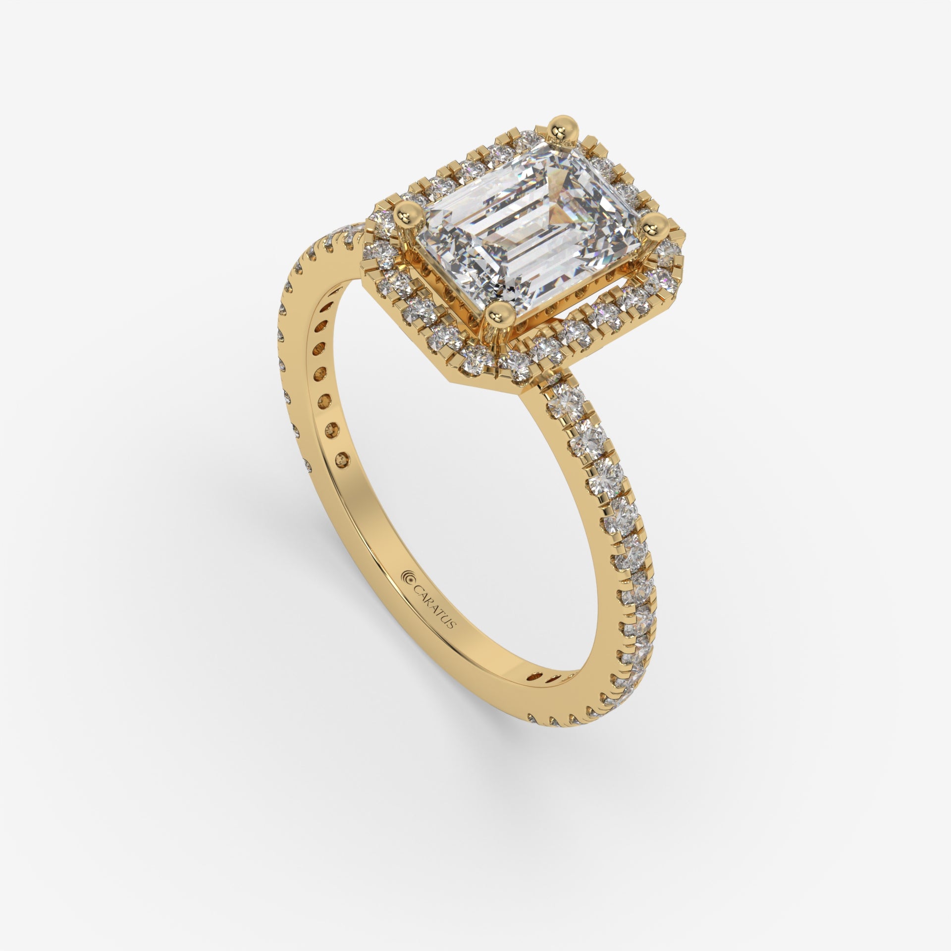 Yellow Gold Emerald-Cut Halo Ring with Round Accent Diamonds