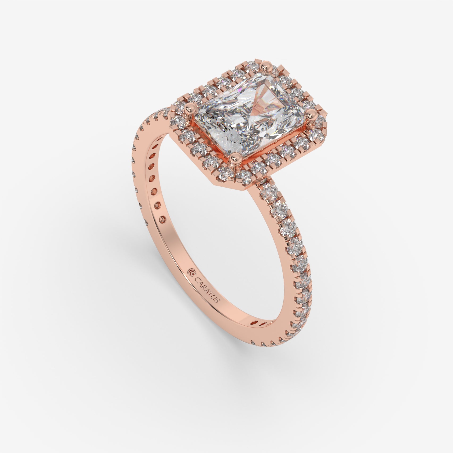 Radiant Diamond Rose Gold Halo Ring with Round Side Diamonds