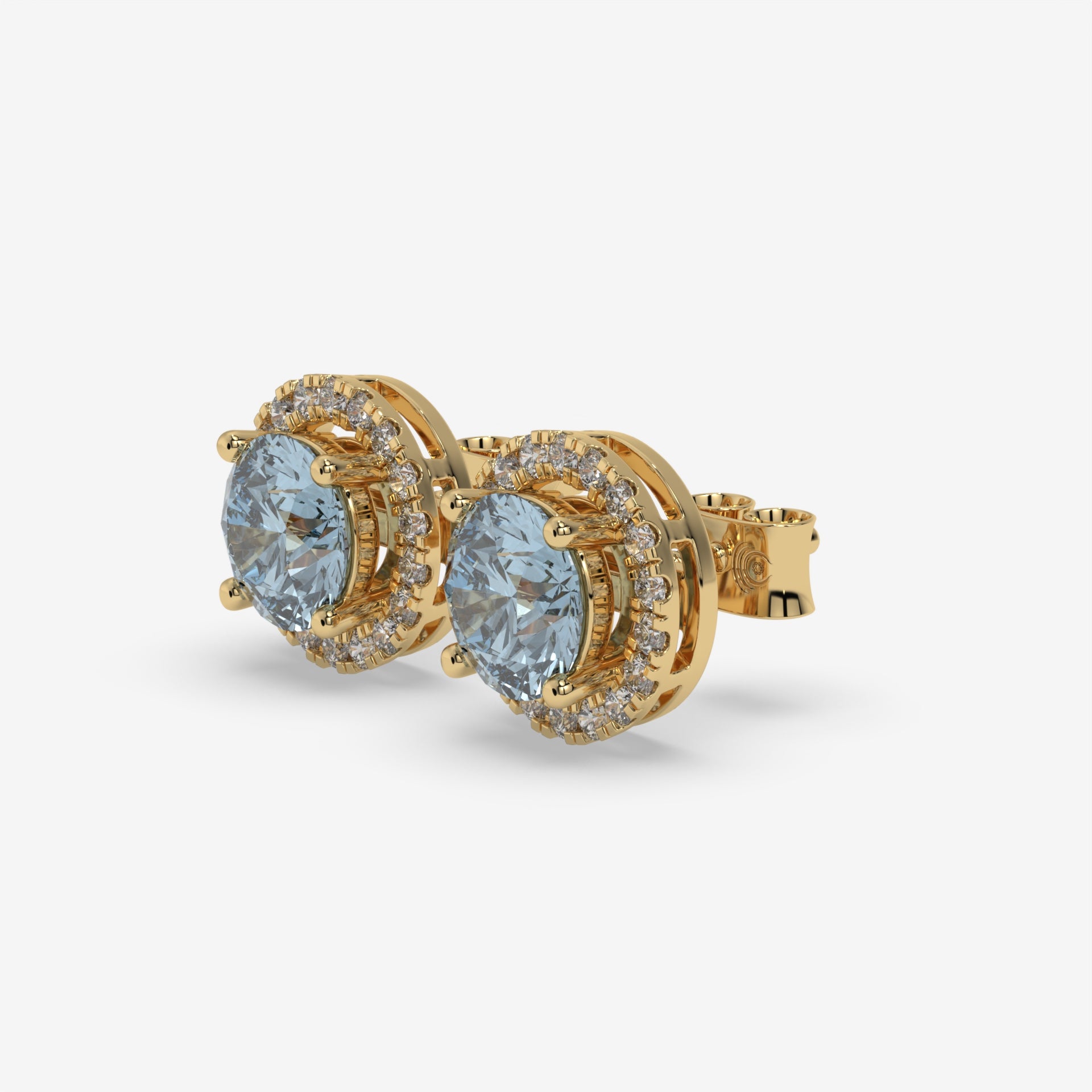 Light Blue Aquamarine & Diamond Halo Yellow Gold Earrings