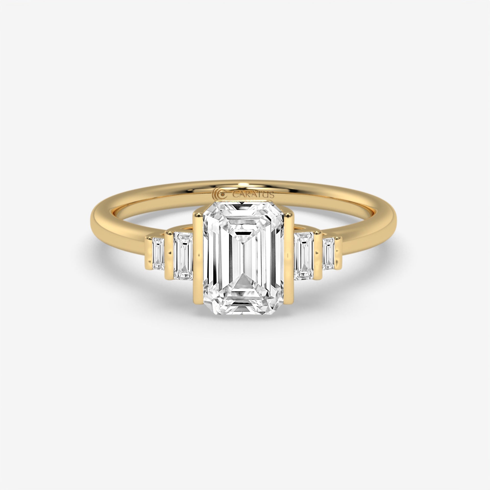 Emerald Cut Diamond Yellow Gold Ring with Randiant baguette-cut diamonds