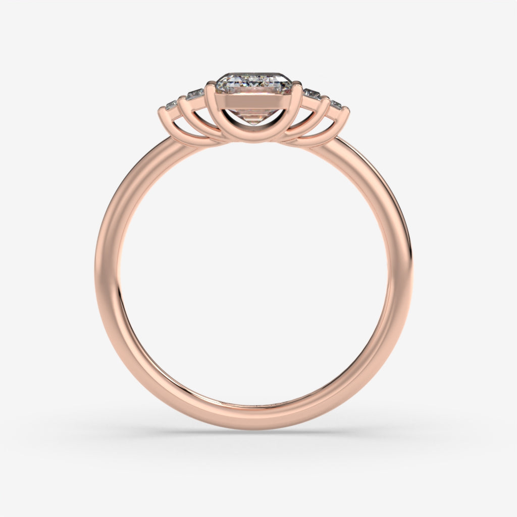Emerald Cut Diamond Rose Gold Ring with Randiant baguette-cut diamonds