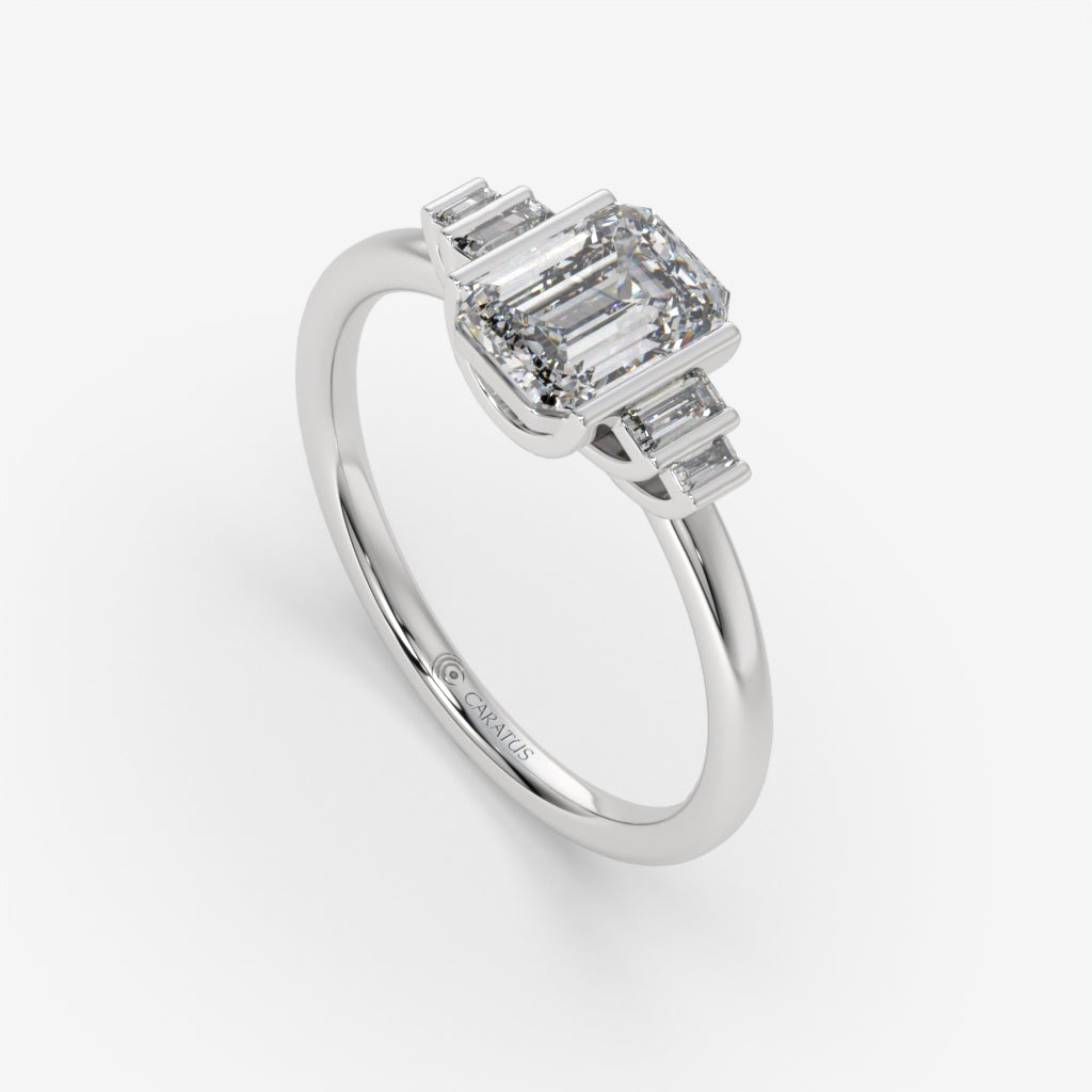 Emerald Cut Diamond White Gold Ring with Randiant baguette-cut diamonds