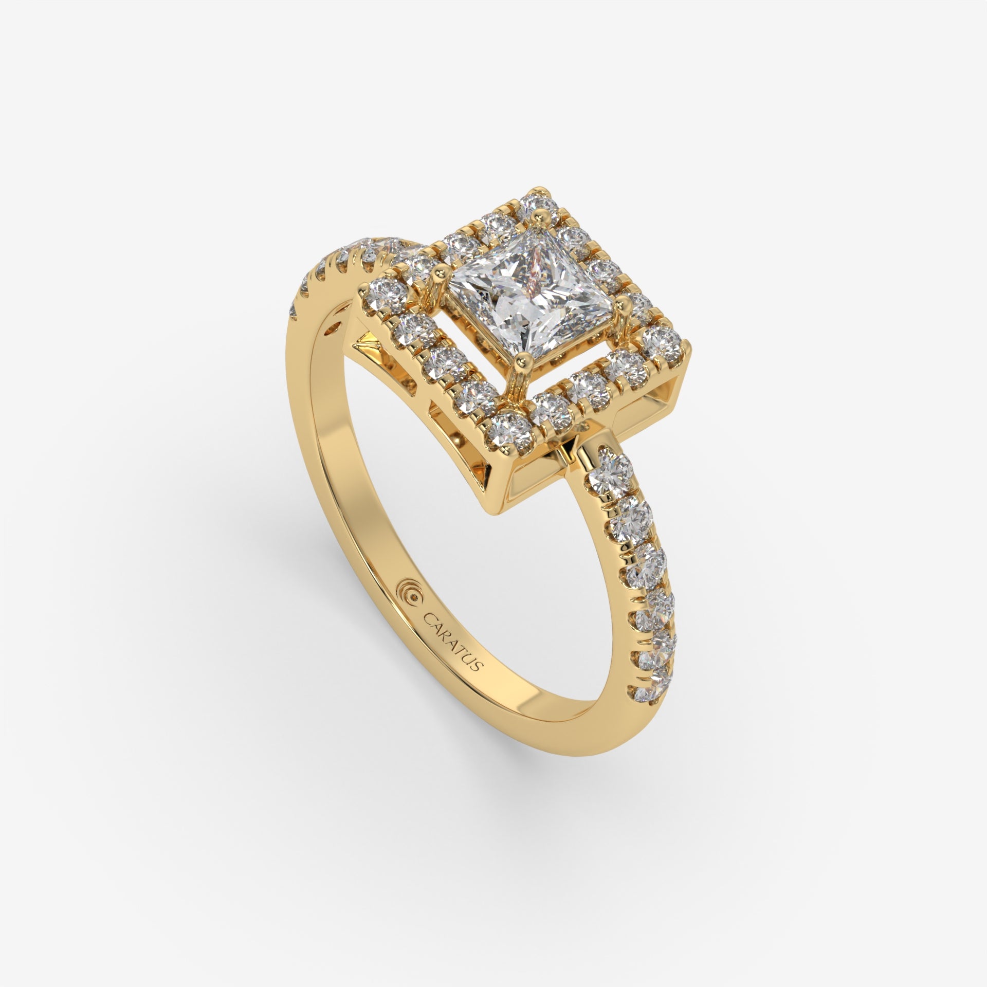 Princess Halo Diamond Yellow Gold Ring with Round Diamonds