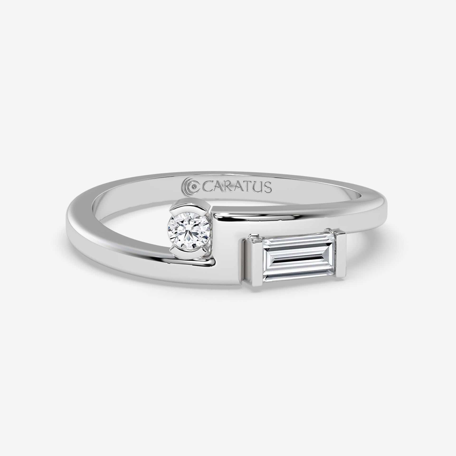 Baguette Cut Diamond Tension-Set White Gold Ring with Round Diamond