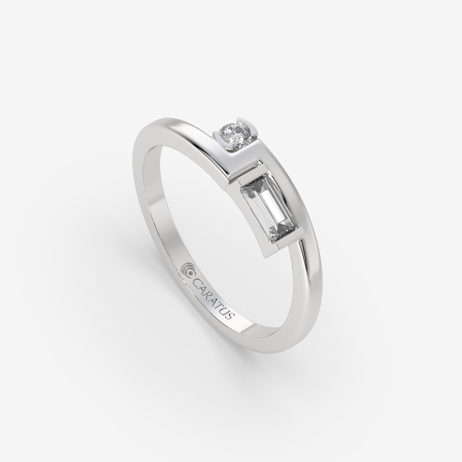 Baguette Cut Diamond Tension-Set White Gold Ring with Round Diamond