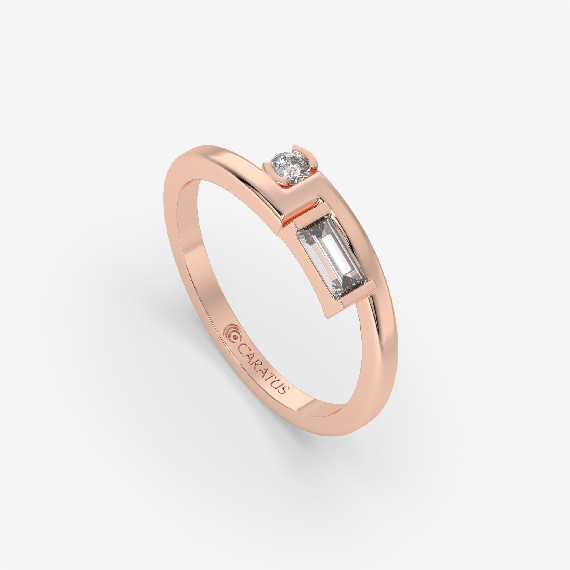 Baguette Cut Diamond Tension-Set Rose Gold Ring with Round Diamond