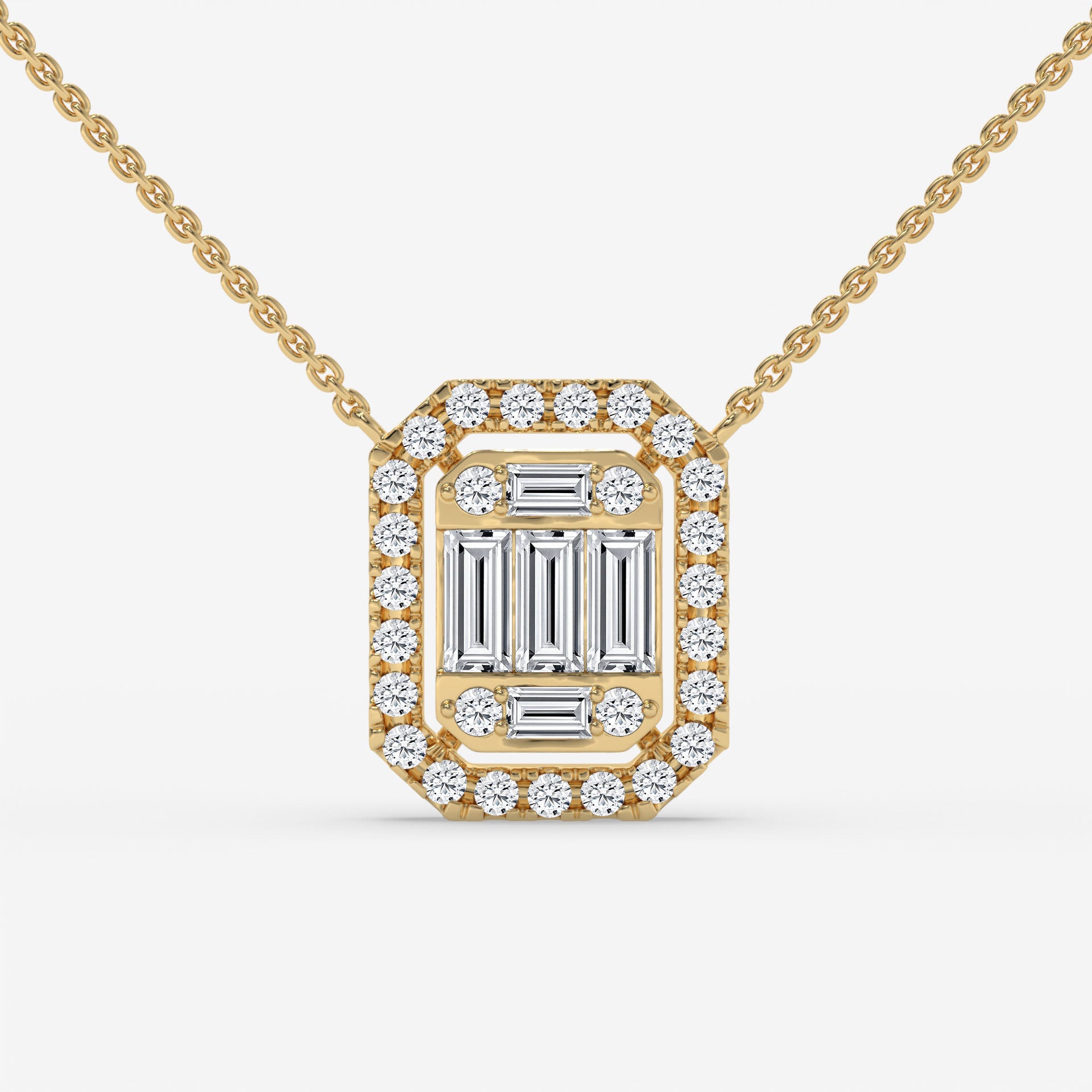 Yellow Gold Square-Cut Baguette Diamond Halo Necklace