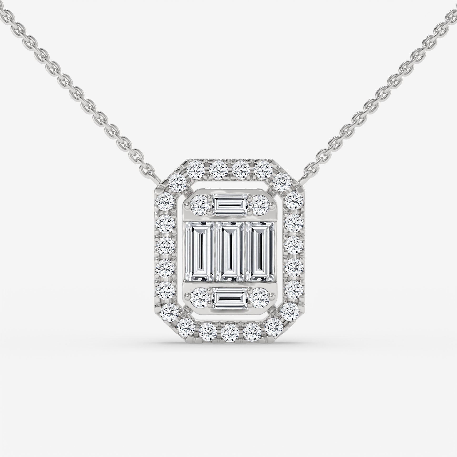 White Gold Square-Cut Baguette Diamond Halo Necklace