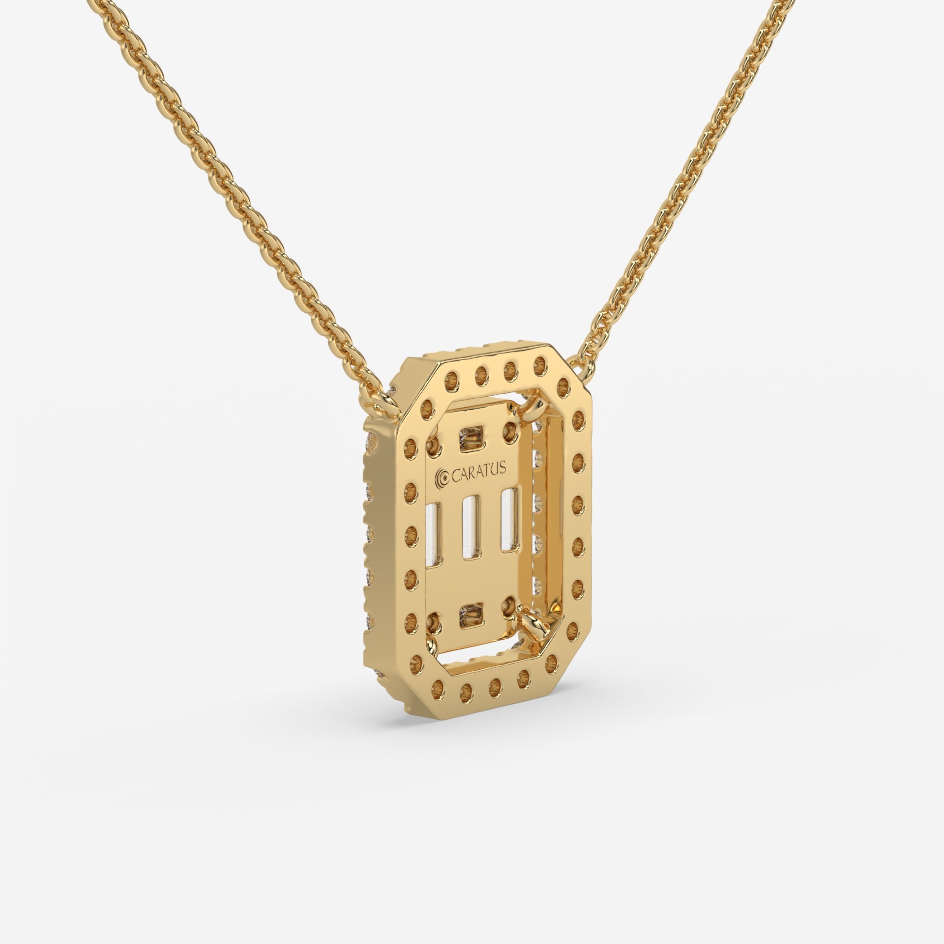 Yellow Gold Square-Cut Baguette Diamond Halo Necklace