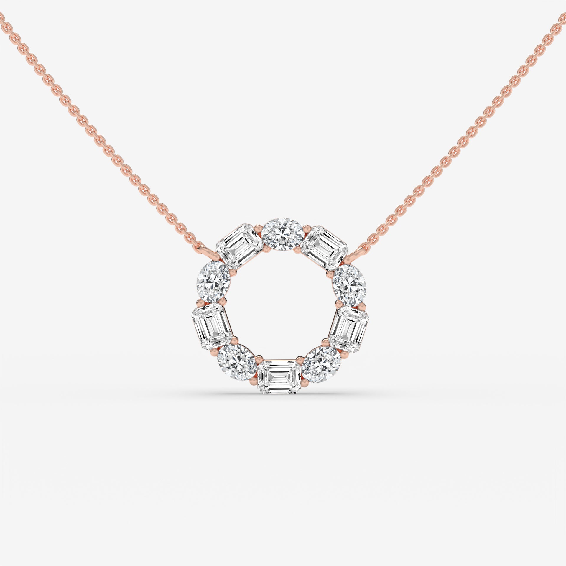 Diamond Circle Rose Gold Pendant with Oval and Emerald-Cut Diamonds