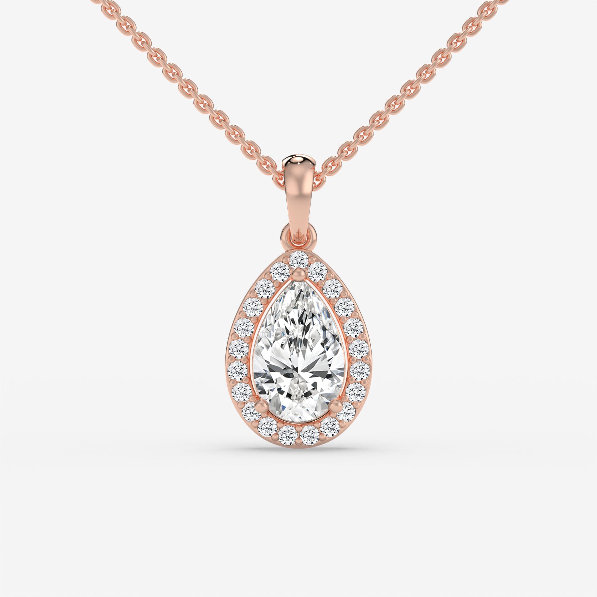 Halo Pear Solitaire Rose Gold Pendant with Pave-Set Round Diamonds in 14K Gold