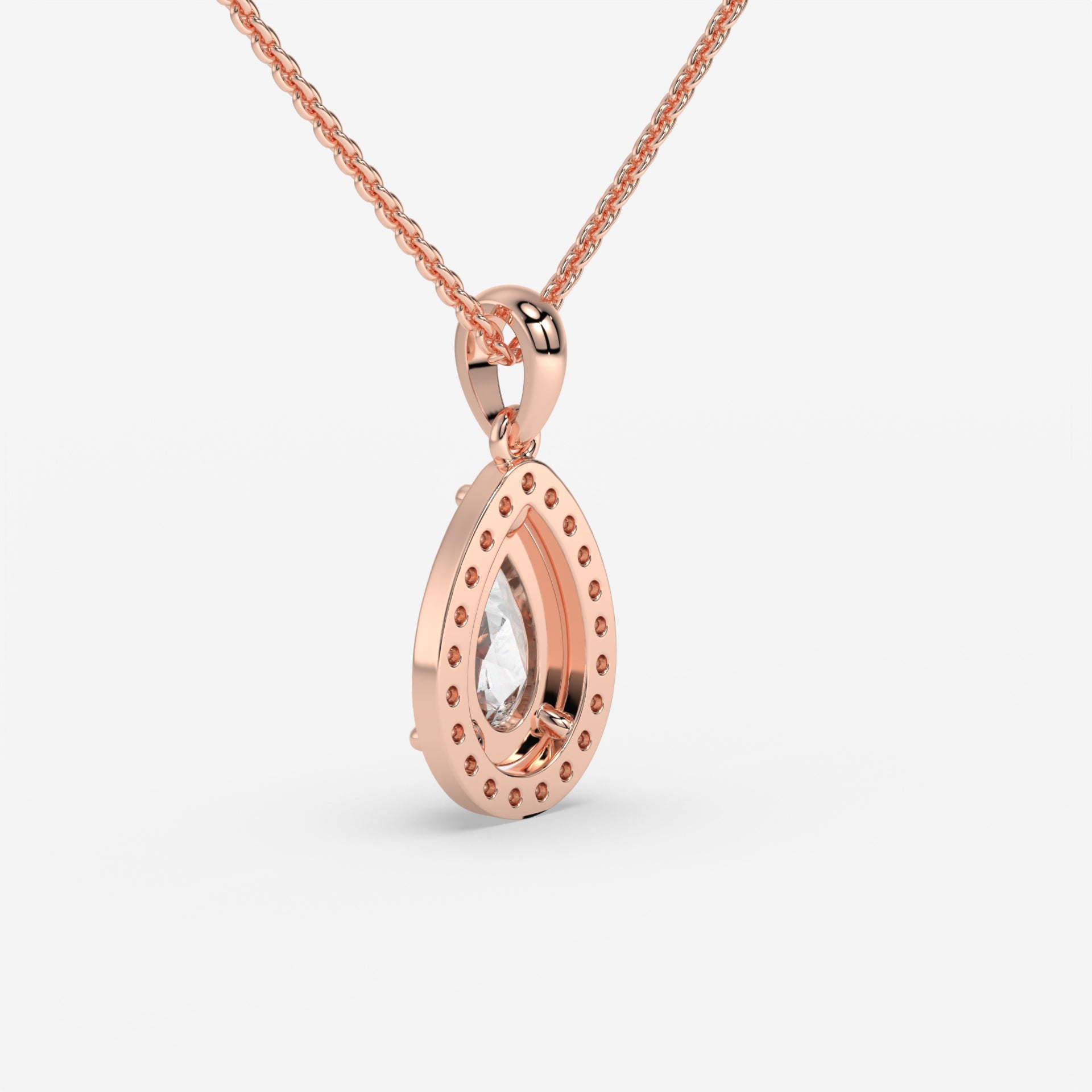 Halo Pear Solitaire Rose Gold Pendant with Pave-Set Round Diamonds in 14K Gold