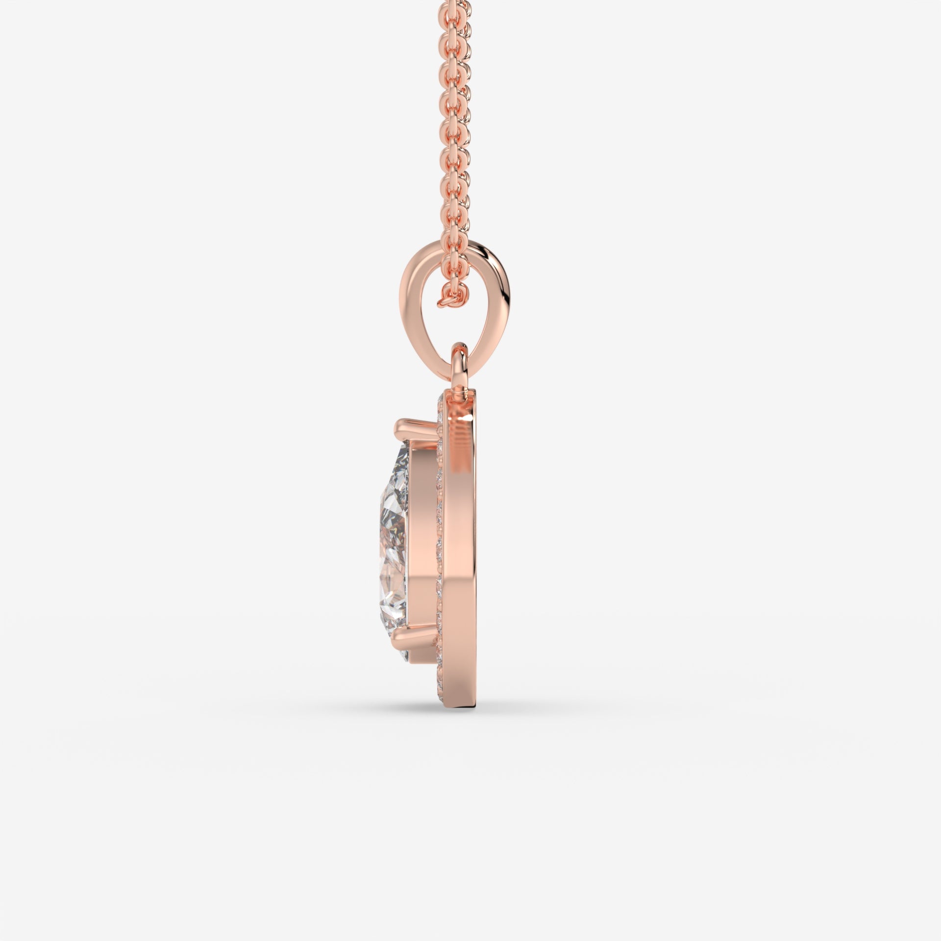 Halo Pear Solitaire Rose Gold Pendant with Pave-Set Round Diamonds in 14K Gold
