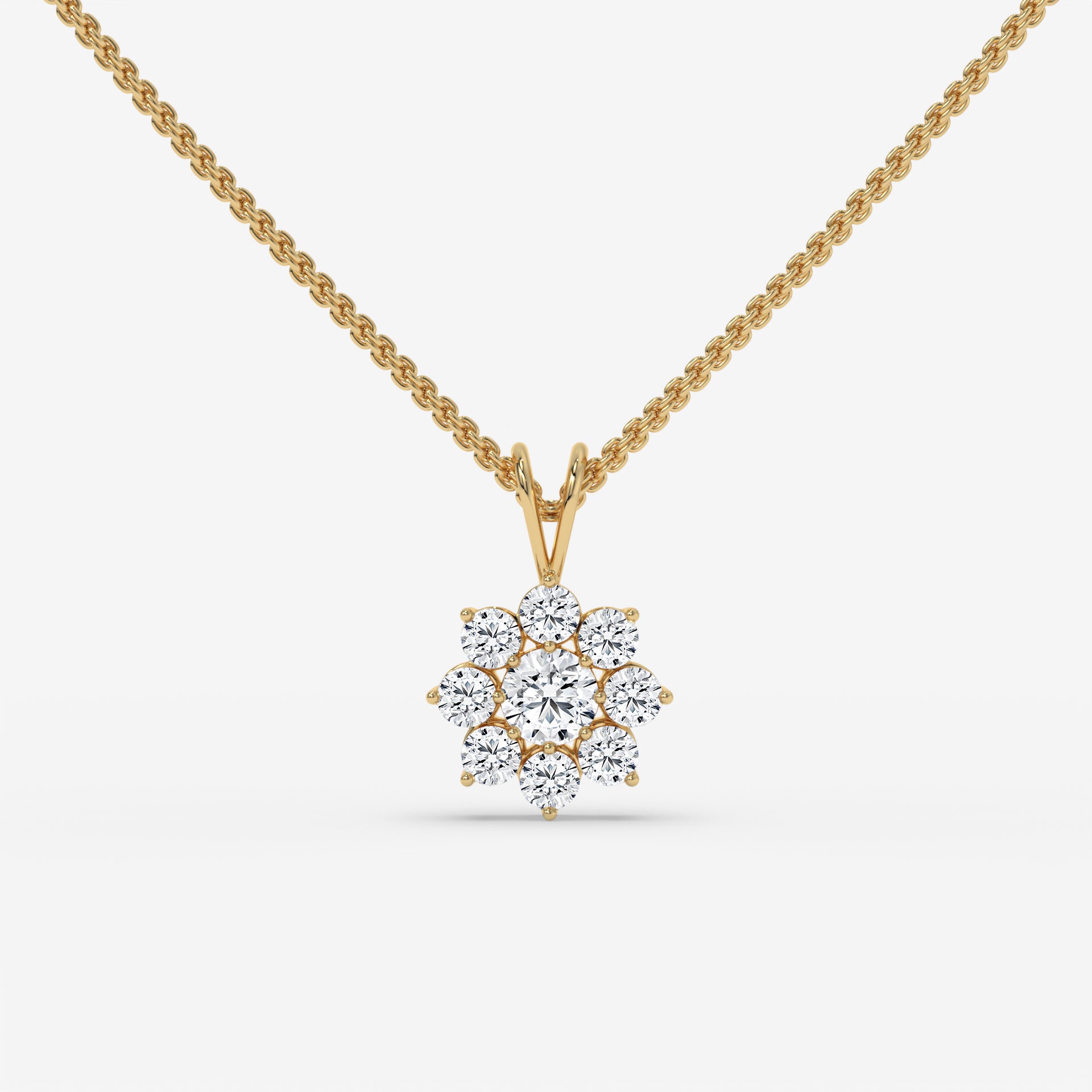 Round Diamond Flower Pendant Yellow Gold Necklace