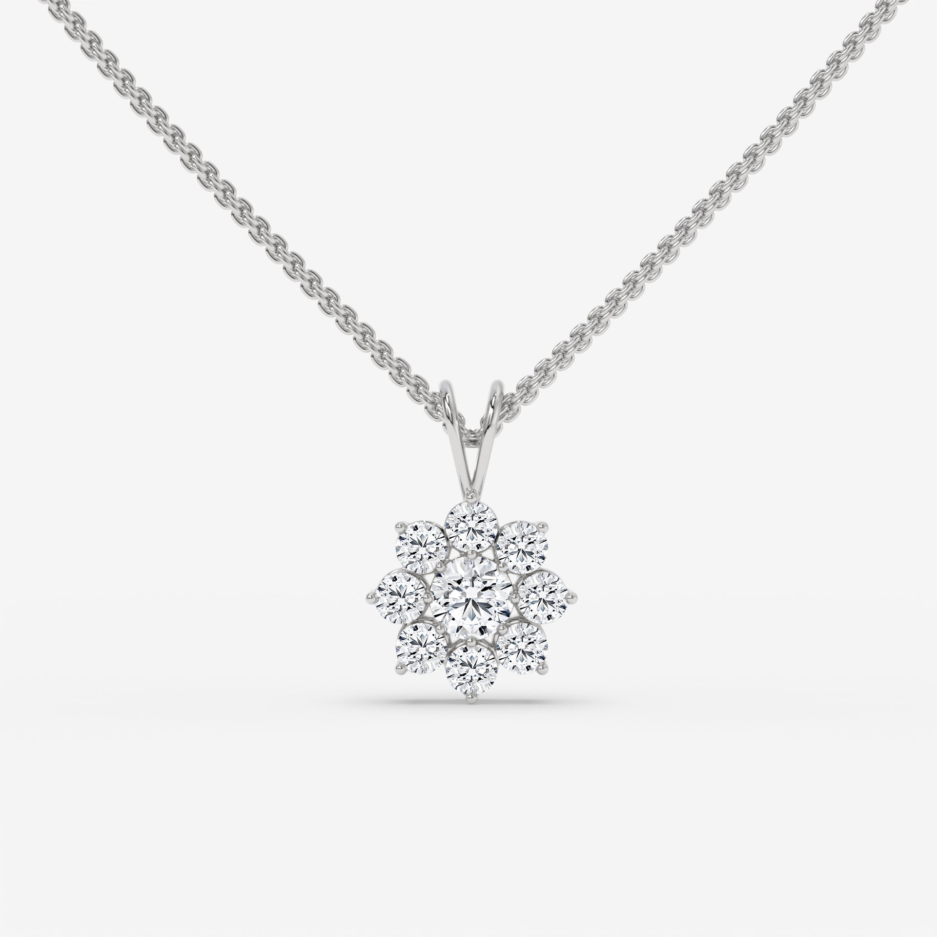 Round Diamond Flower Pendant White Gold Necklace