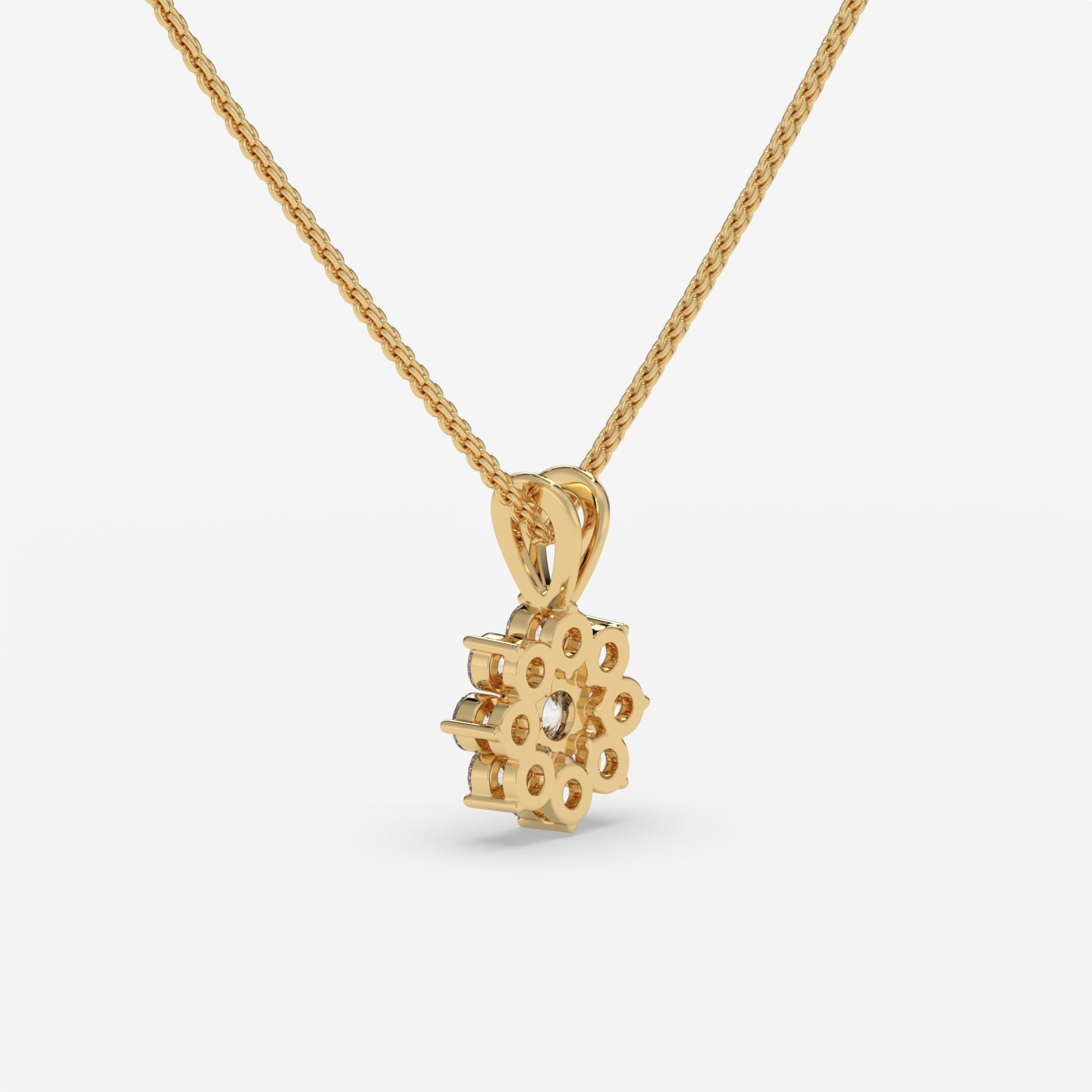 Round Diamond Flower Pendant Yellow Gold Necklace