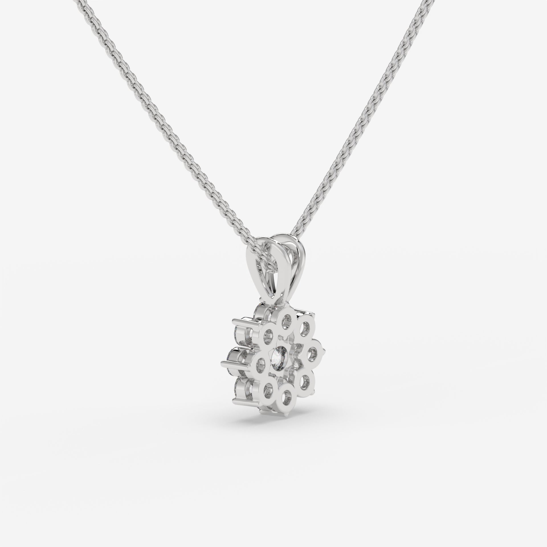 Round Diamond Flower Pendant White Gold Necklace