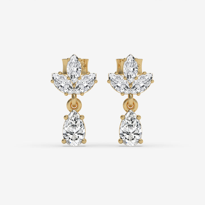 Pear and Marquise Diamond Cluster Yellow Gold Earrings