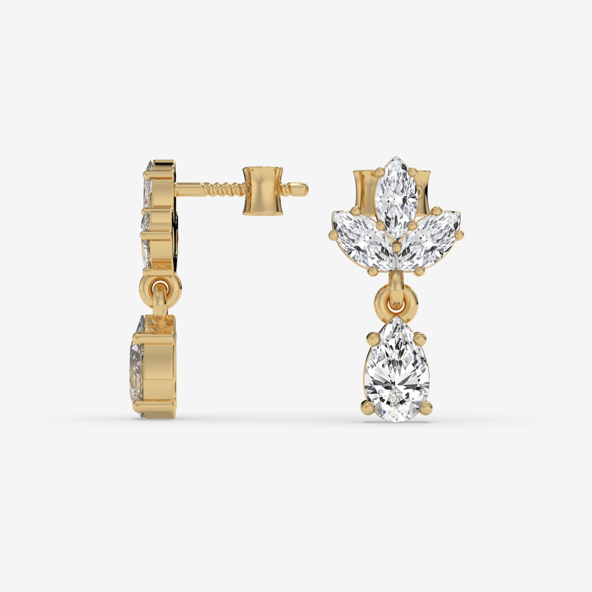 Pear and Marquise Diamond Cluster Yellow Gold Earrings