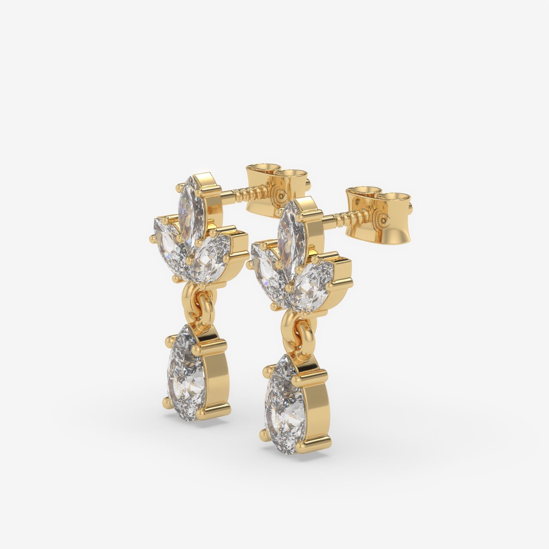 Pear and Marquise Diamond Cluster Yellow Gold Earrings