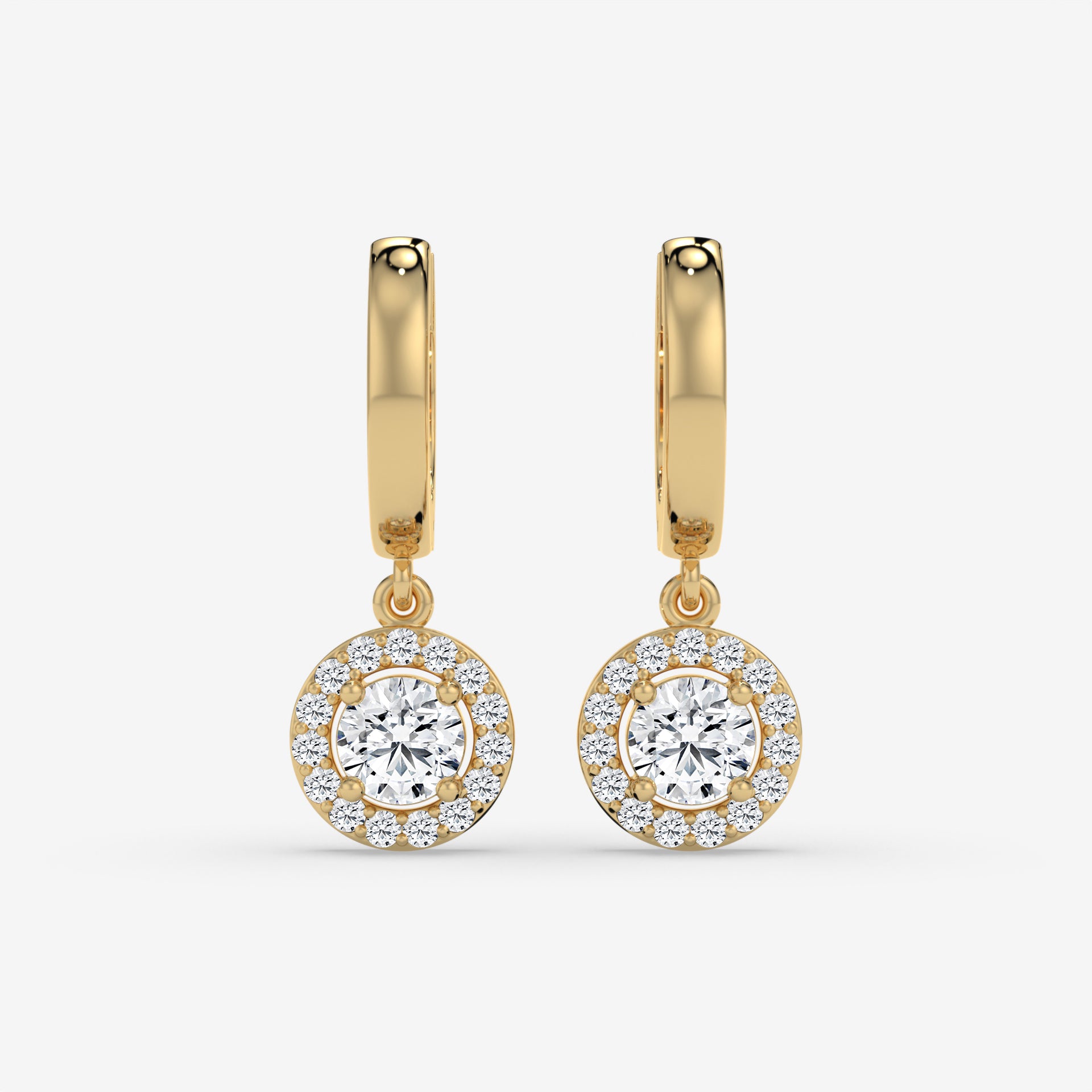 14K Round Halo Dangler Yellow Gold Earrings with 1.00 CT Center Diamond