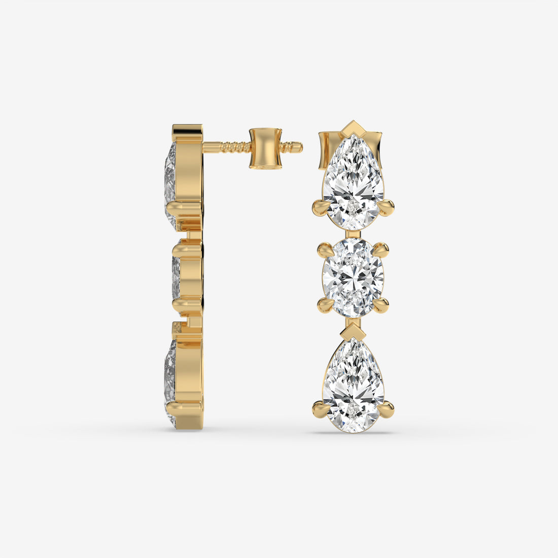 Pear and Oval Diamond Cluster Yellow Gold Earrings
