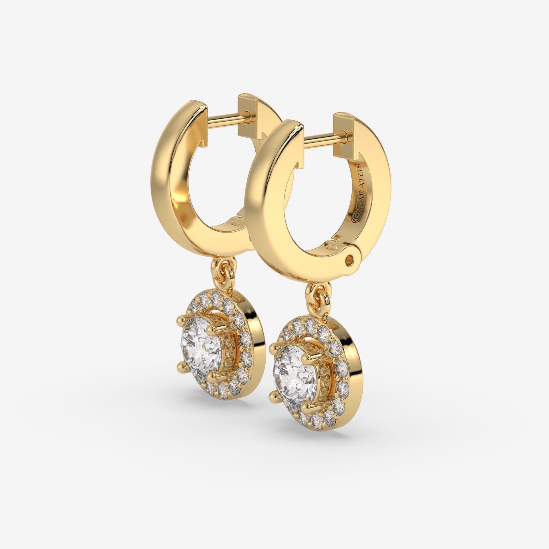 14K Round Halo Dangler Yellow Gold Earrings with 1.00 CT Center Diamond