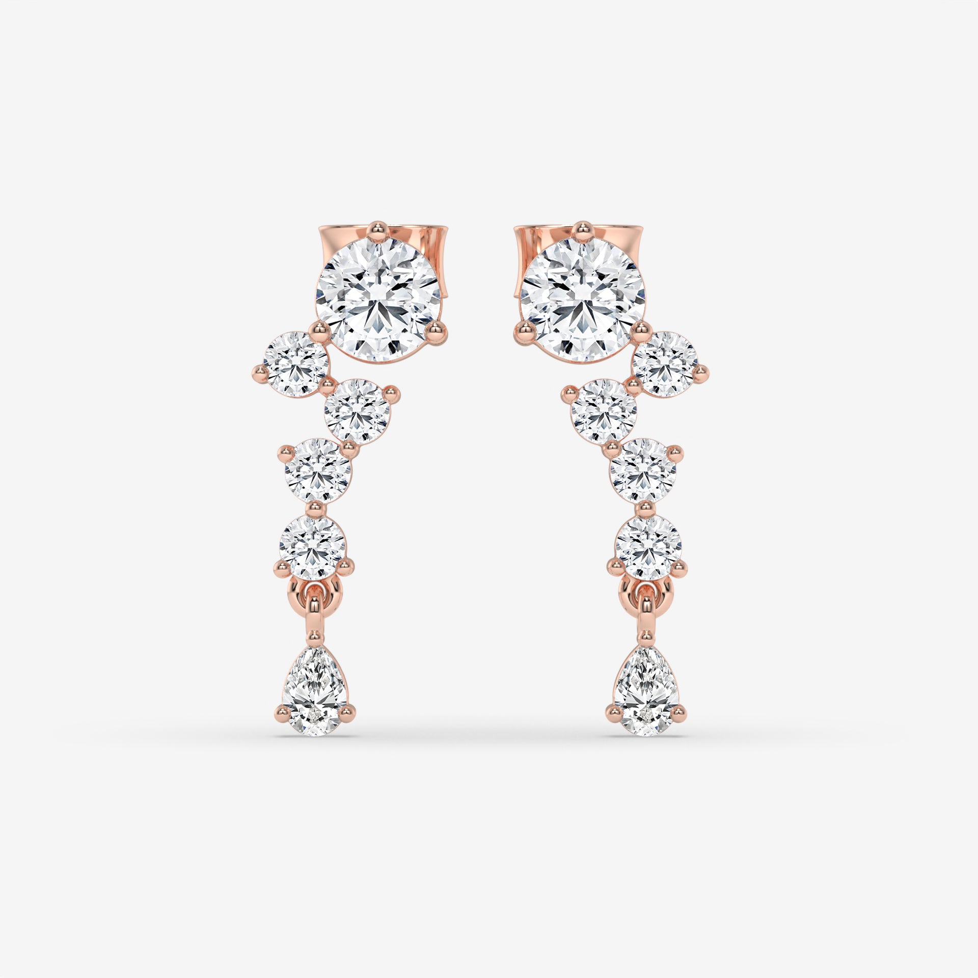 Climbing Diamond Rose Gold Stud Earrings with Round and Pear-Cut Accents
